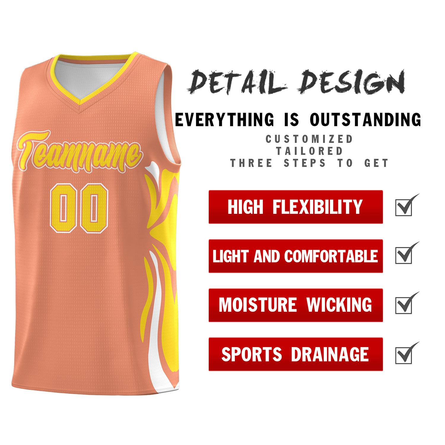 Custom Light Orange Gold-White Graffiti Pattern Side Curve Pattern Sports Uniform Basketball Jersey Sets