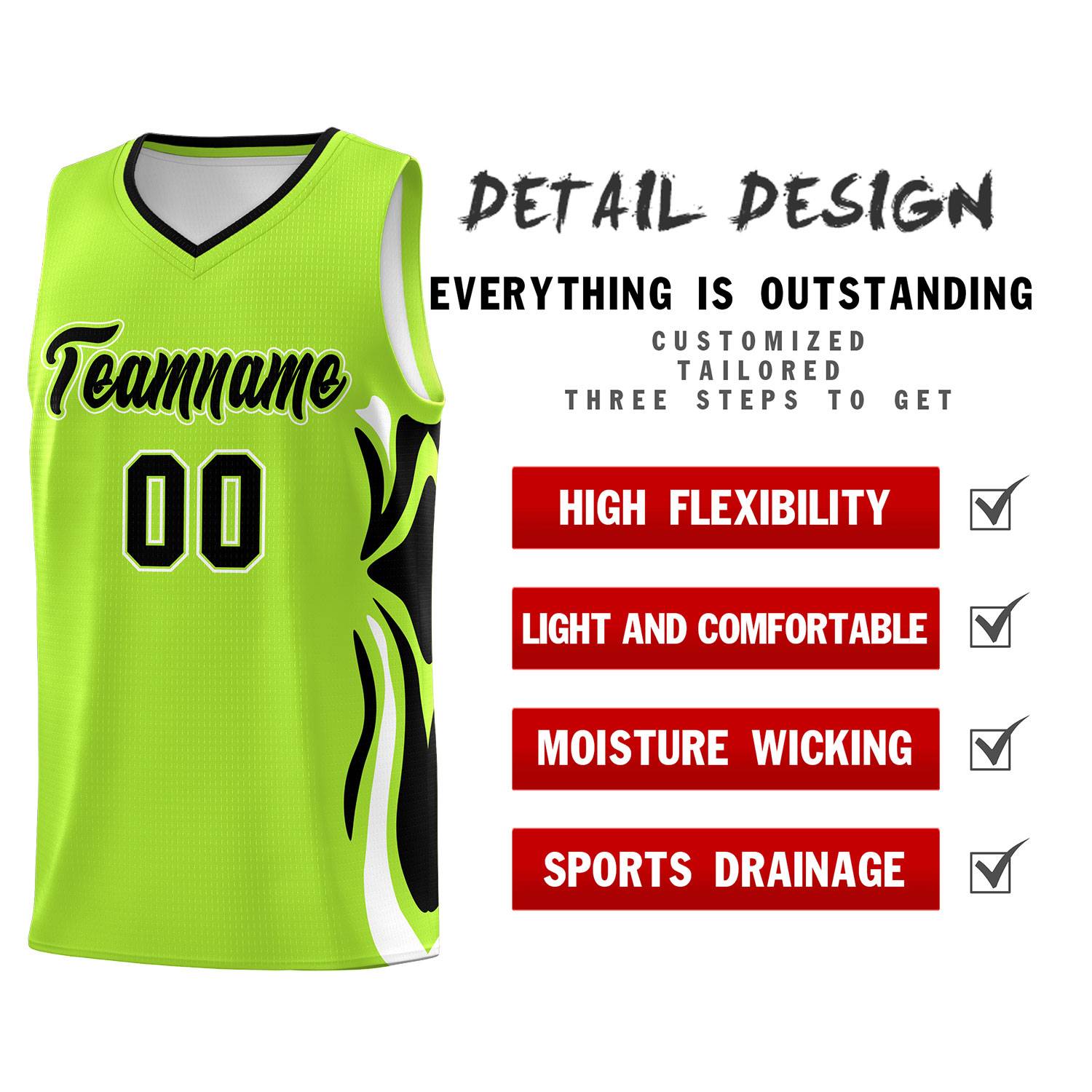 Custom Light Green Black-White Graffiti Pattern Side Curve Pattern Sports Uniform Basketball Jersey Sets
