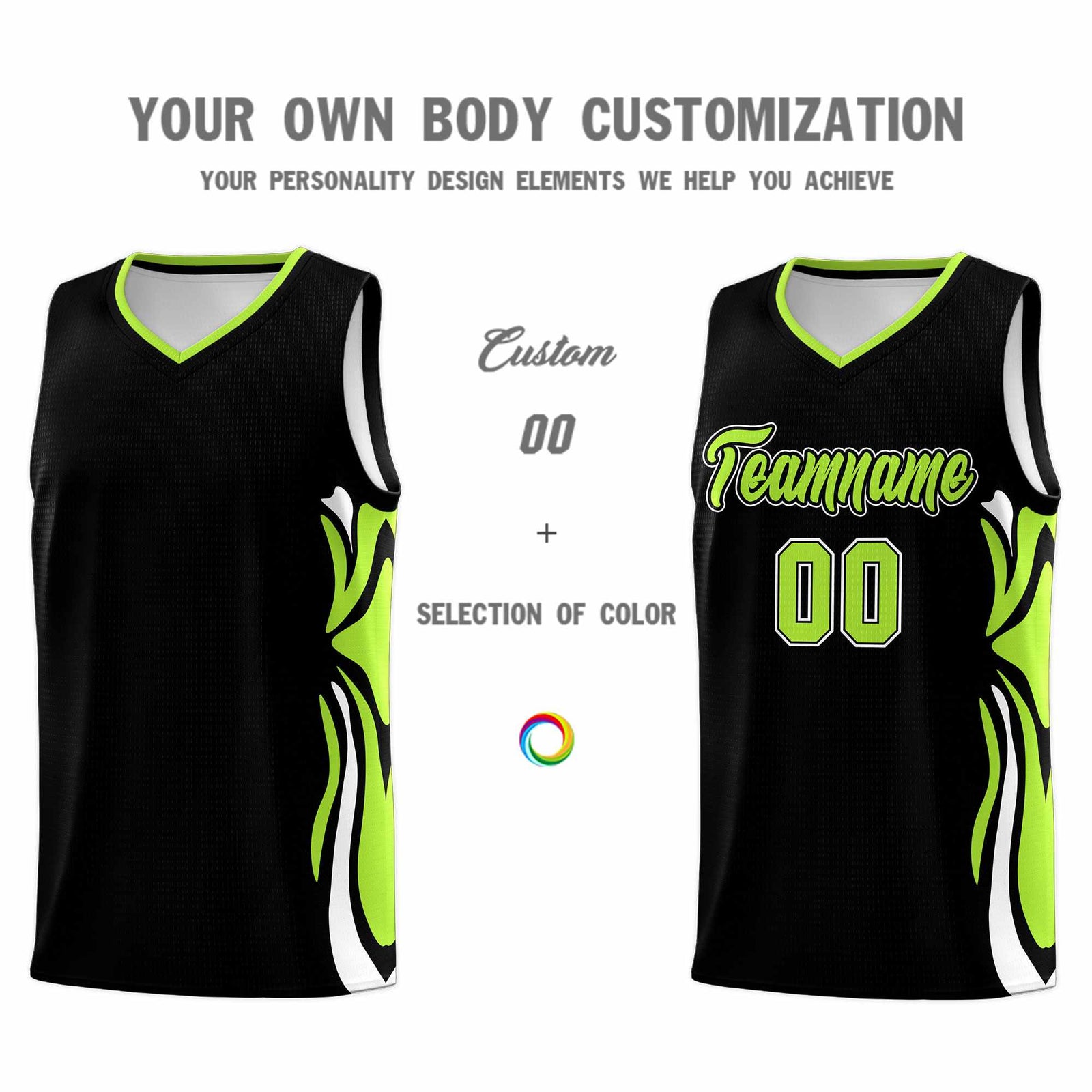 Custom Black Light Green-White Graffiti Pattern Side Curve Pattern Sports Uniform Basketball Jersey Sets