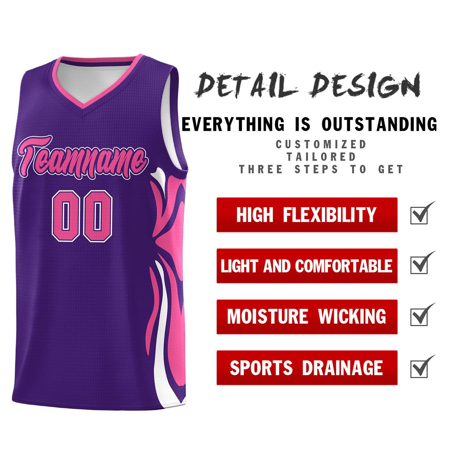 Custom Purple Pink-White Graffiti Pattern Side Curve Pattern Sports Uniform Basketball Jersey Sets