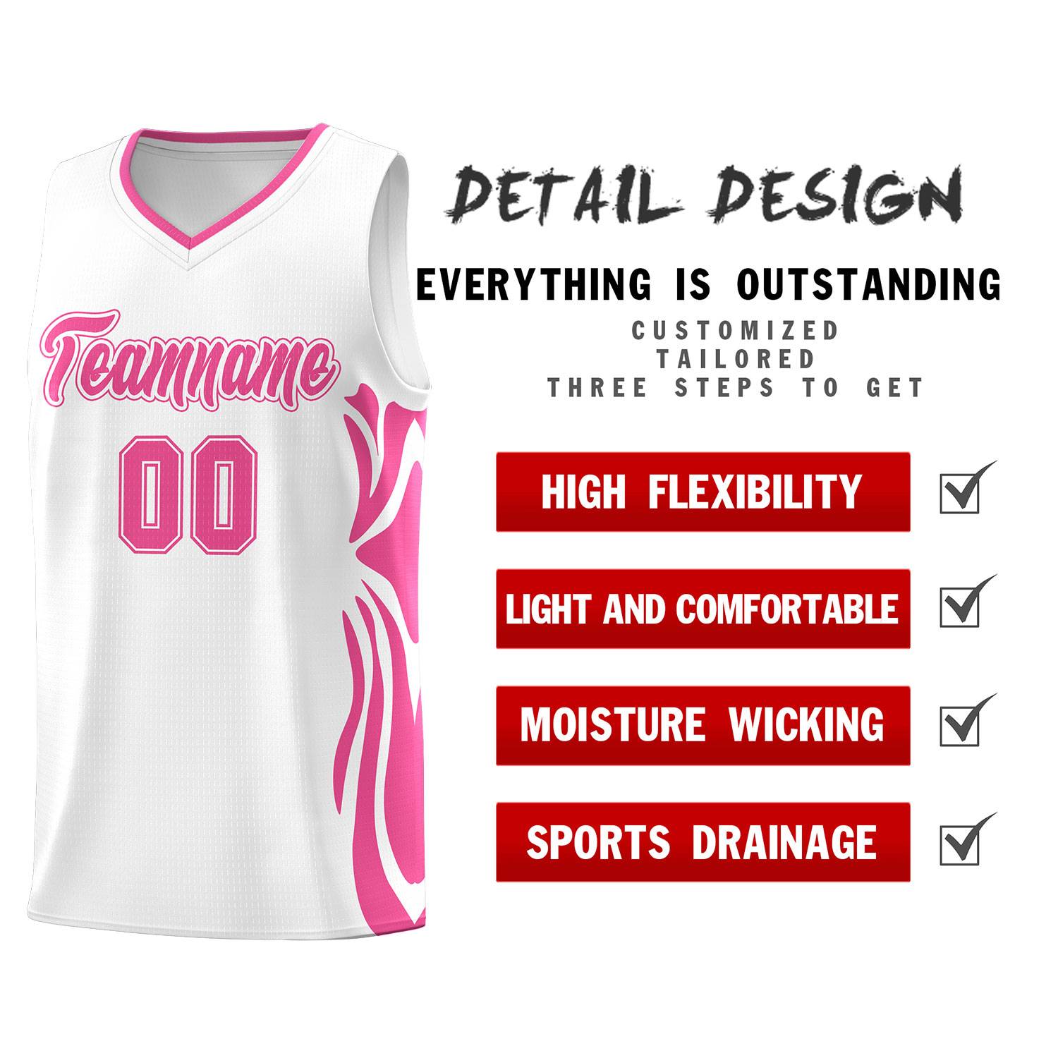 Custom White Pink-Pink Graffiti Pattern Side Curve Pattern Sports Uniform Basketball Jersey Sets