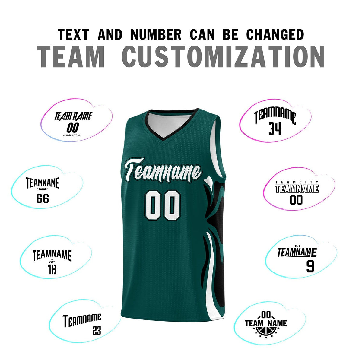 Custom Midnight Green White-Black Graffiti Pattern Side Curve Pattern Sports Uniform Basketball Jersey Sets