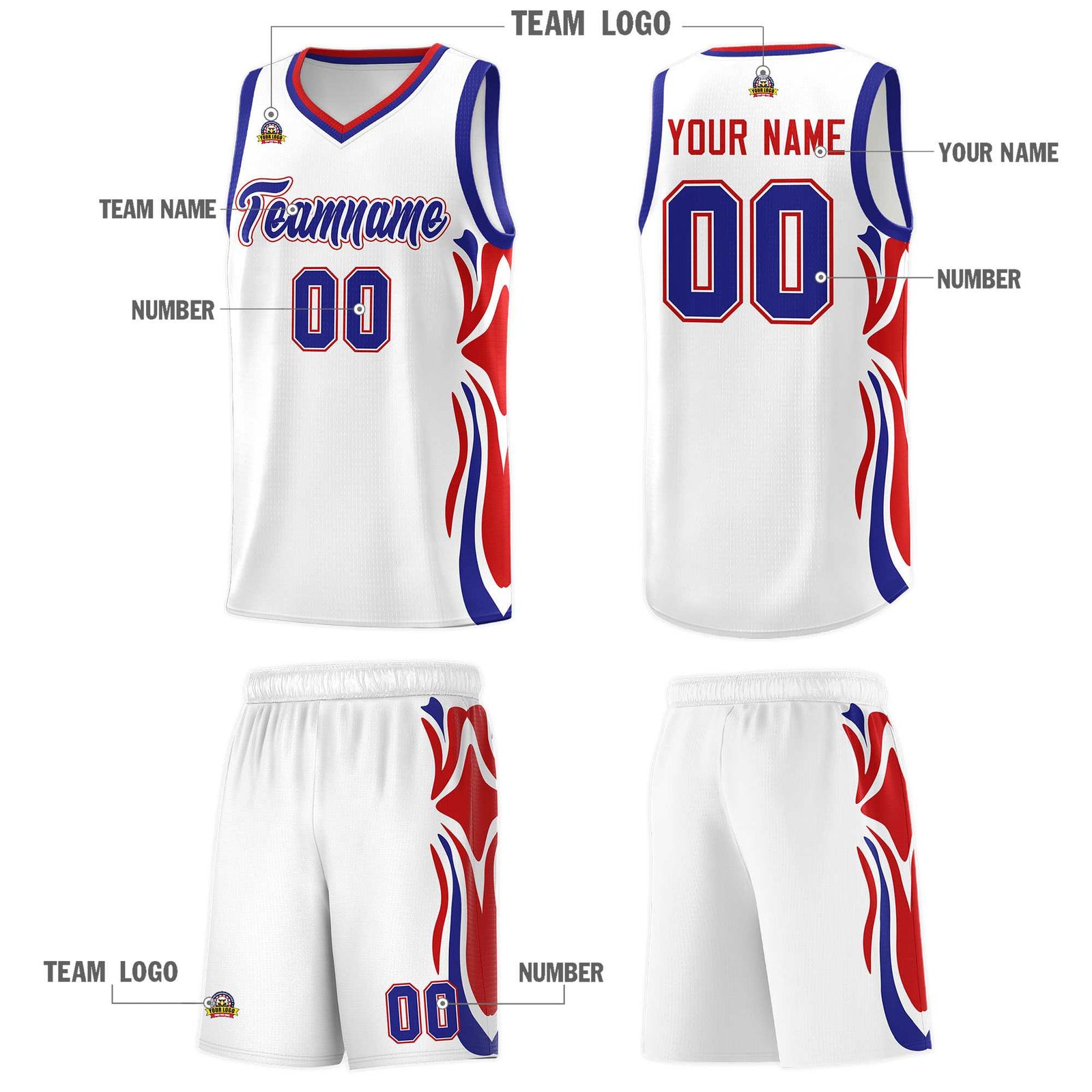 Custom White Royal-Red Graffiti Pattern Side Curve Pattern Sports Uniform Basketball Jersey Sets