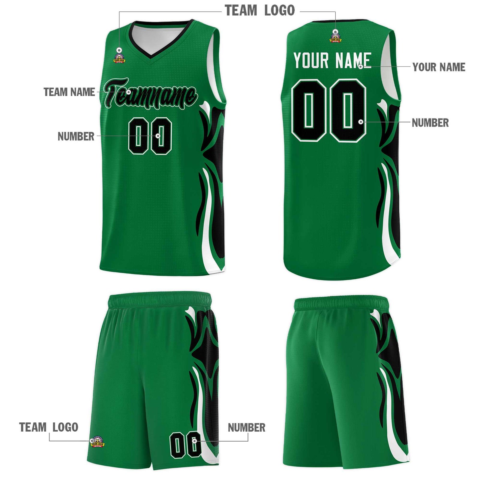Custom Kelly Green Black-White Graffiti Pattern Side Curve Pattern Sports Uniform Basketball Jersey Sets