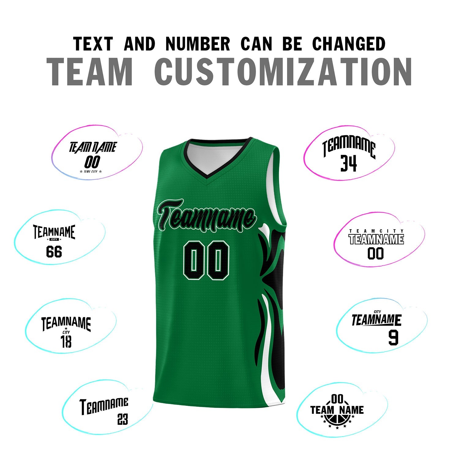 Custom Kelly Green Black-White Graffiti Pattern Side Curve Pattern Sports Uniform Basketball Jersey Sets