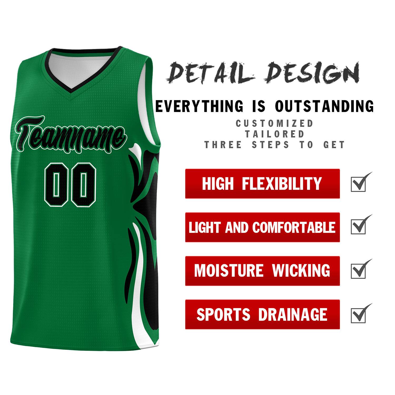 Custom Kelly Green Black-White Graffiti Pattern Side Curve Pattern Sports Uniform Basketball Jersey Sets