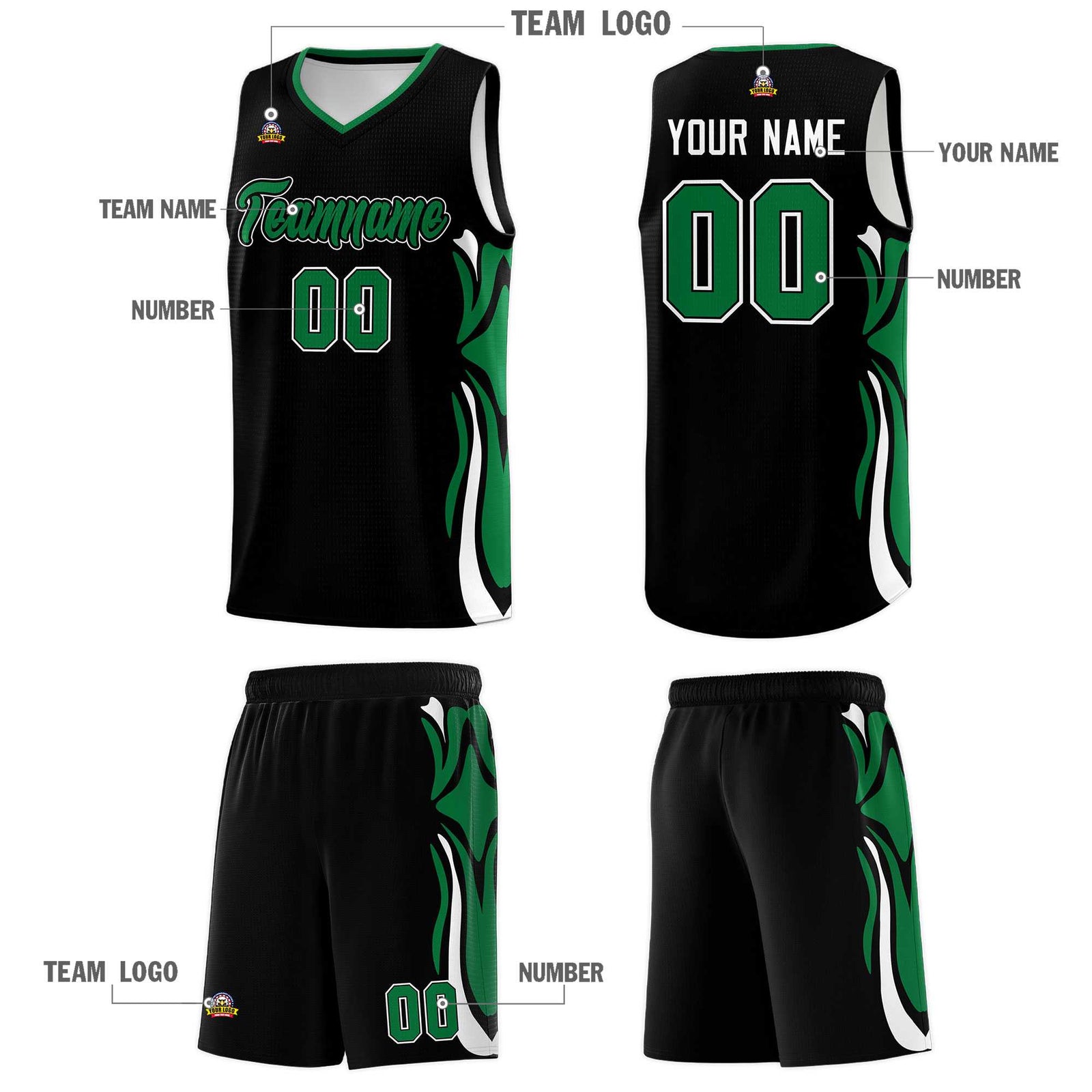 Custom Black Kelly Green-White Graffiti Pattern Side Curve Pattern Sports Uniform Basketball Jersey Sets