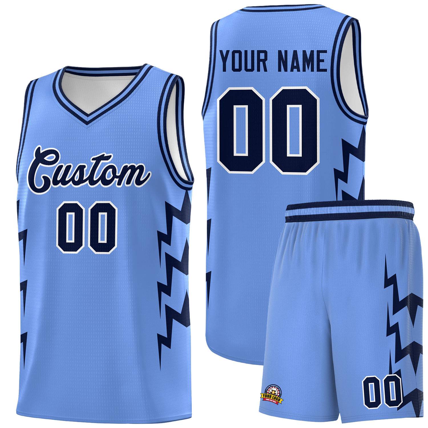 Custom Light Blue Side Lightning Pattern Sports Uniform Basketball Jersey
