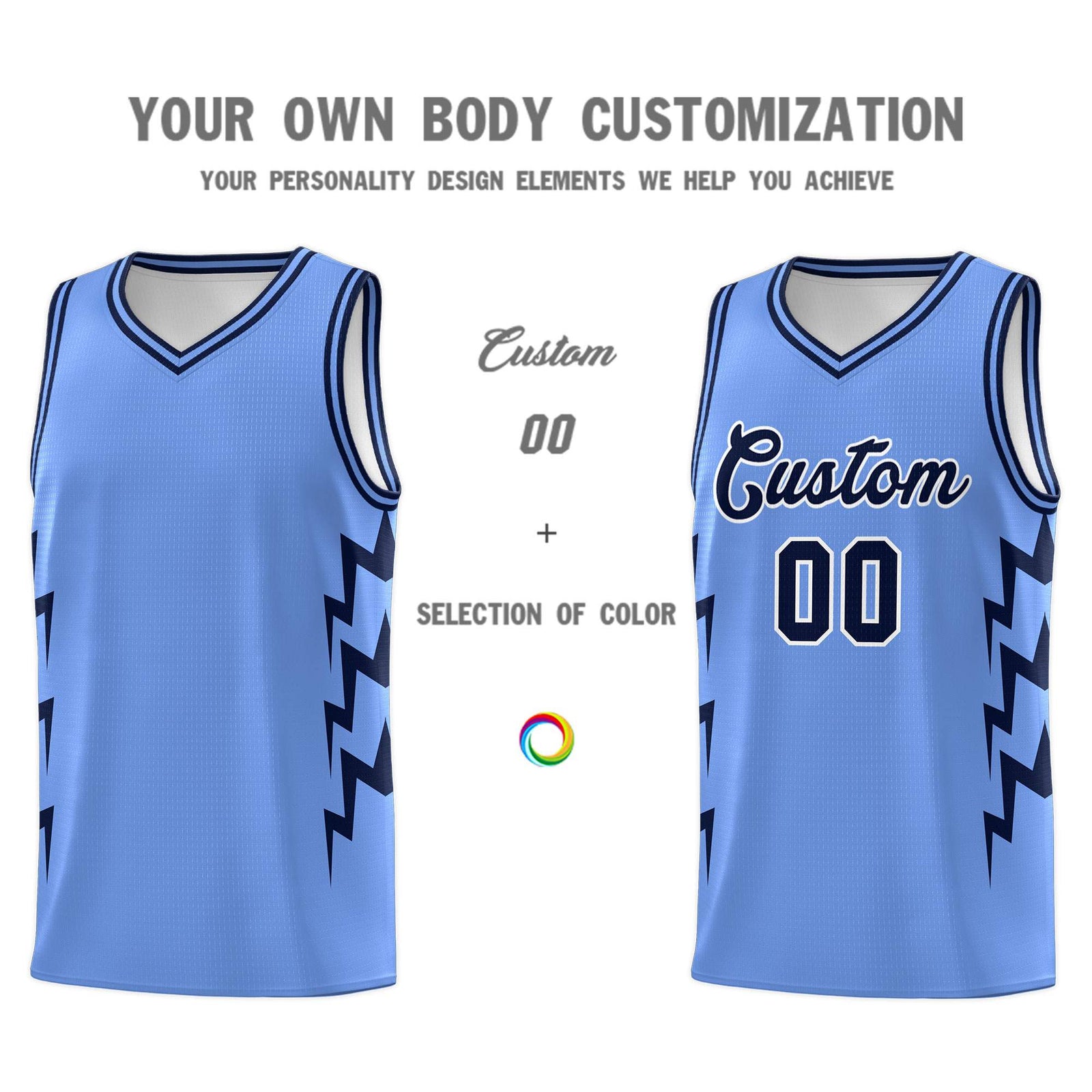Custom Light Blue Side Lightning Pattern Sports Uniform Basketball Jersey