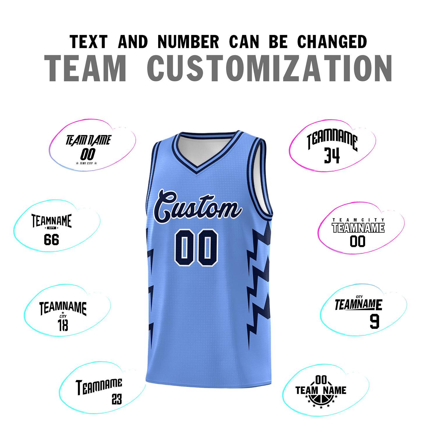 Custom Light Blue Side Lightning Pattern Sports Uniform Basketball Jersey