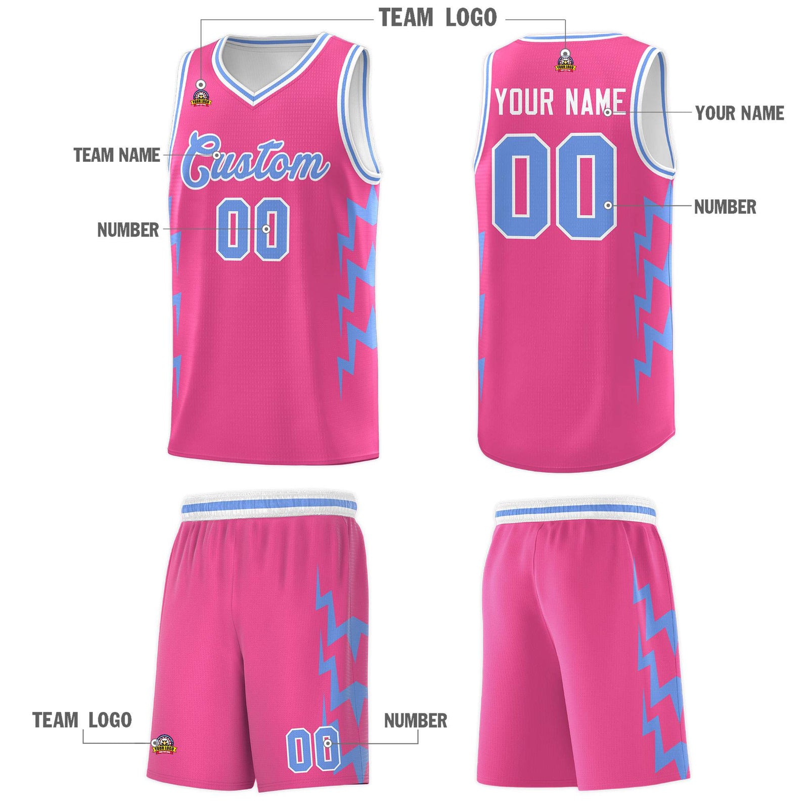 Custom Pink Side Lightning Pattern Sports Uniform Basketball Jersey
