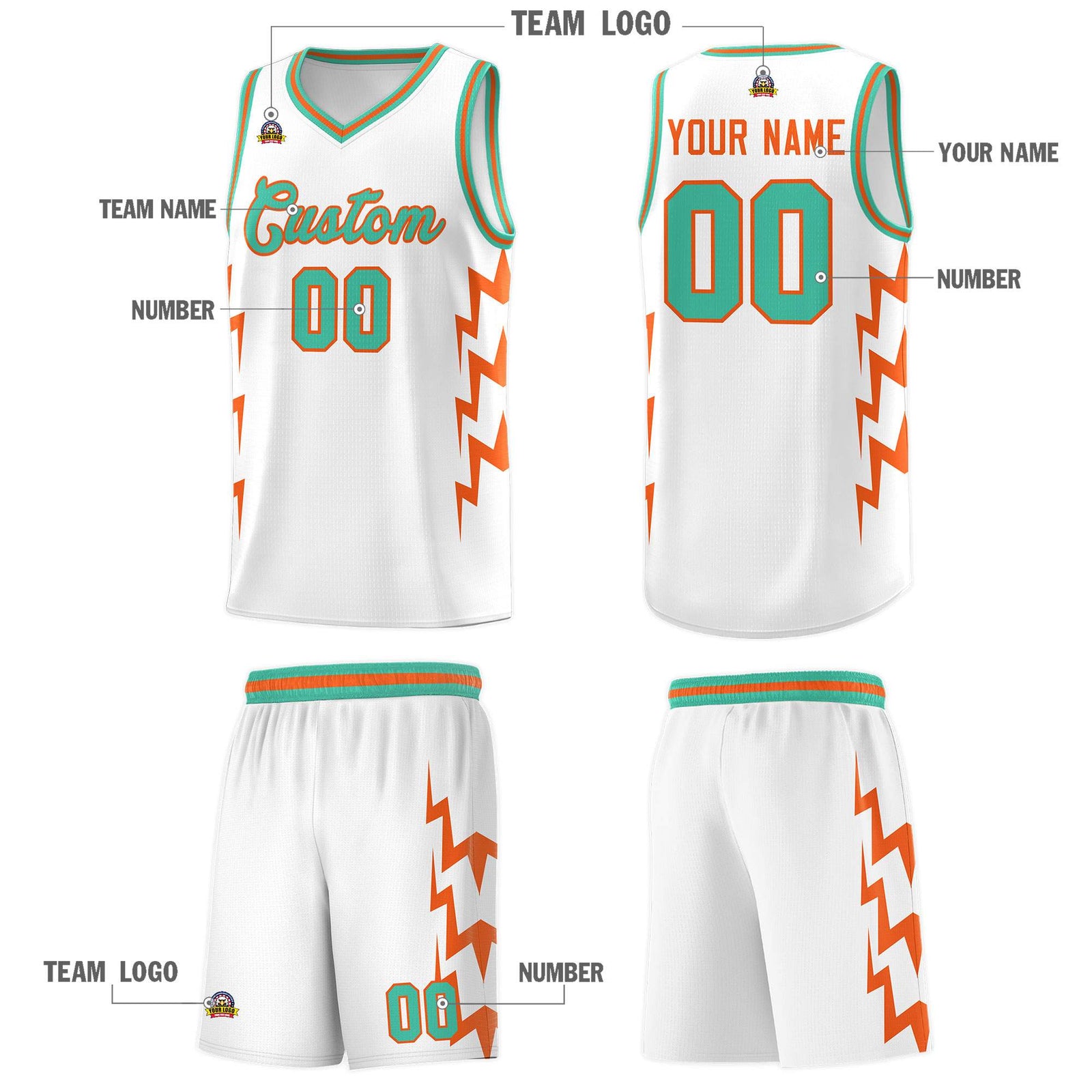 Custom White Side Lightning Pattern Sports Uniform Basketball Jersey
