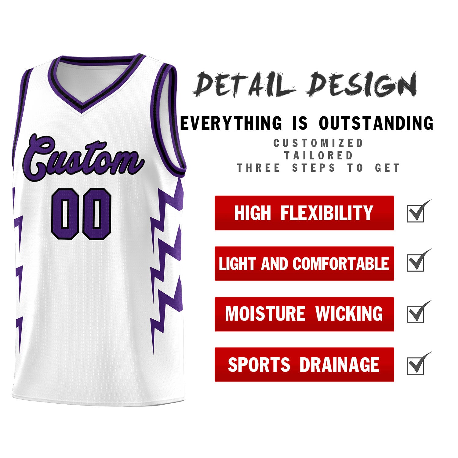 Custom White Side Lightning Pattern Sports Uniform Basketball Jersey