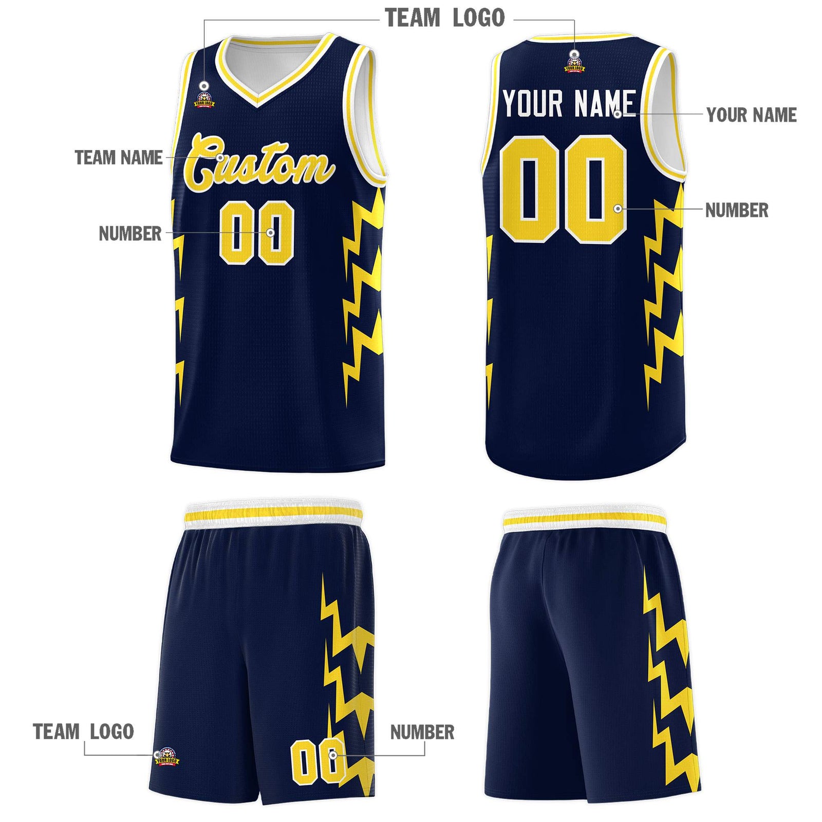 Custom Navy Side Lightning Pattern Sports Uniform Basketball Jersey