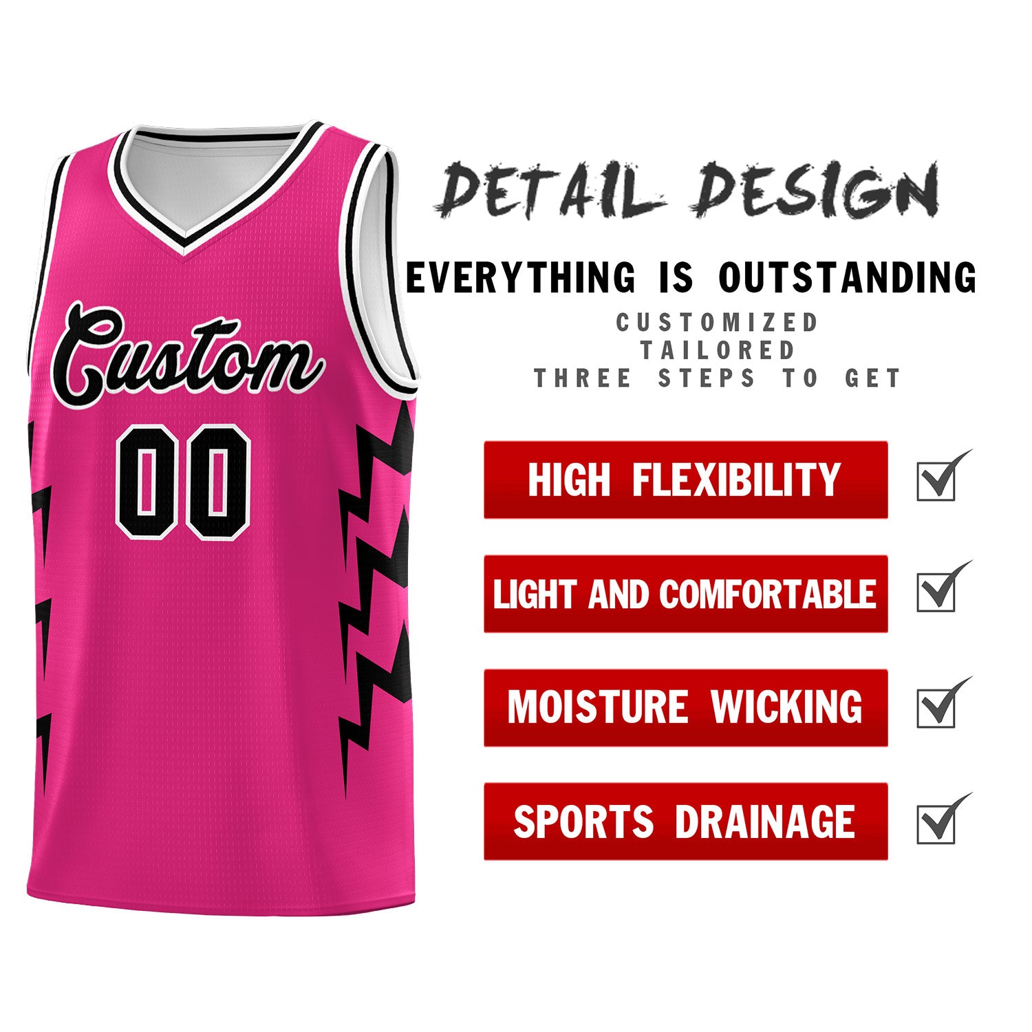Custom Pink Side Lightning Pattern Sports Uniform Basketball Jersey