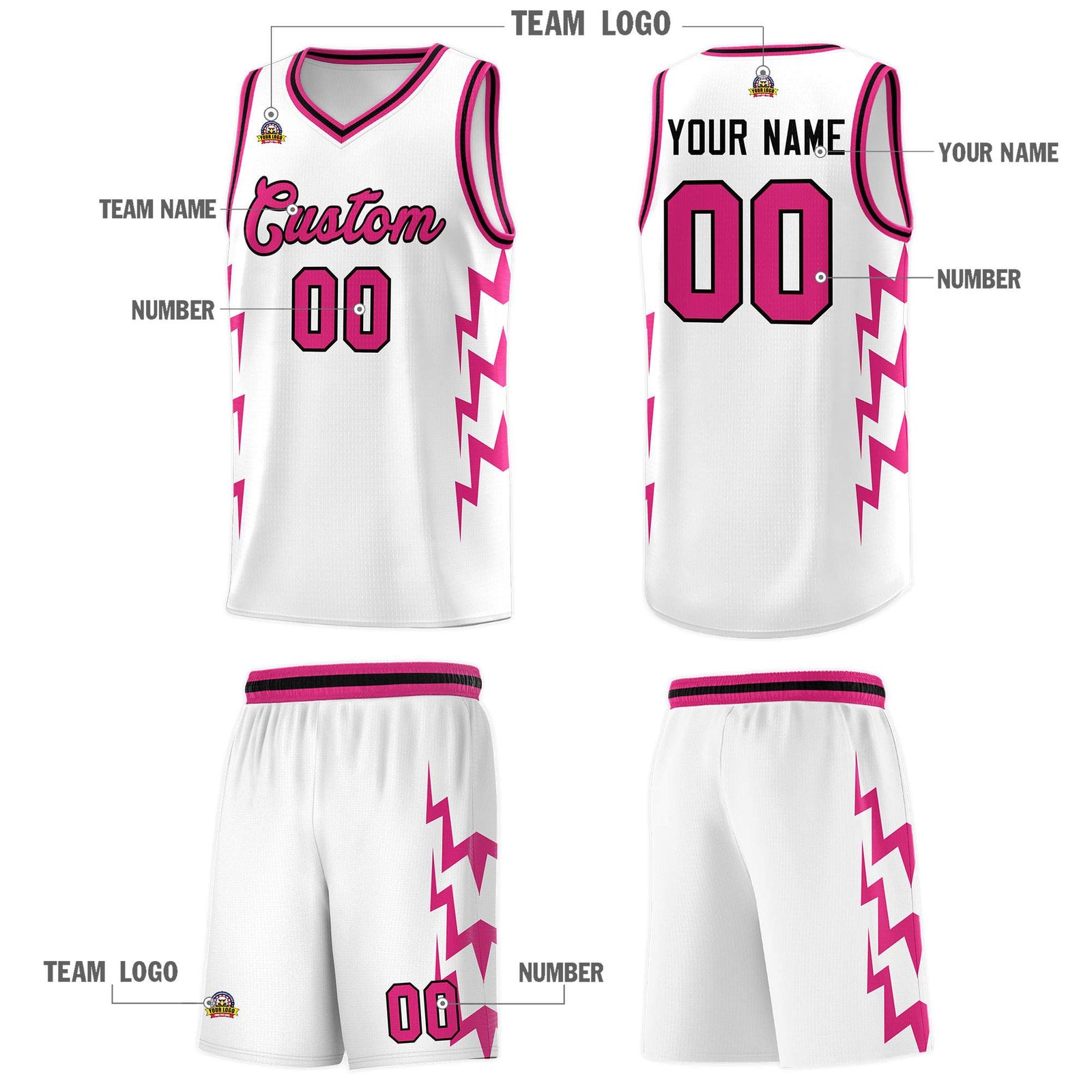 Custom White Side Lightning Pattern Sports Uniform Basketball Jersey