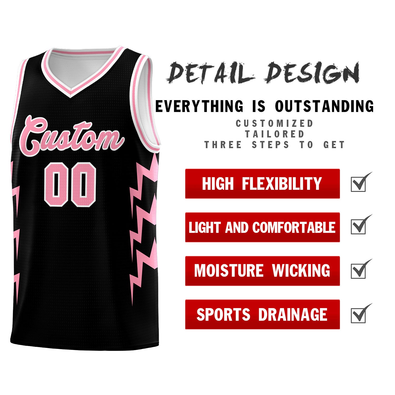Custom Black Side Lightning Pattern Sports Uniform Basketball Jersey