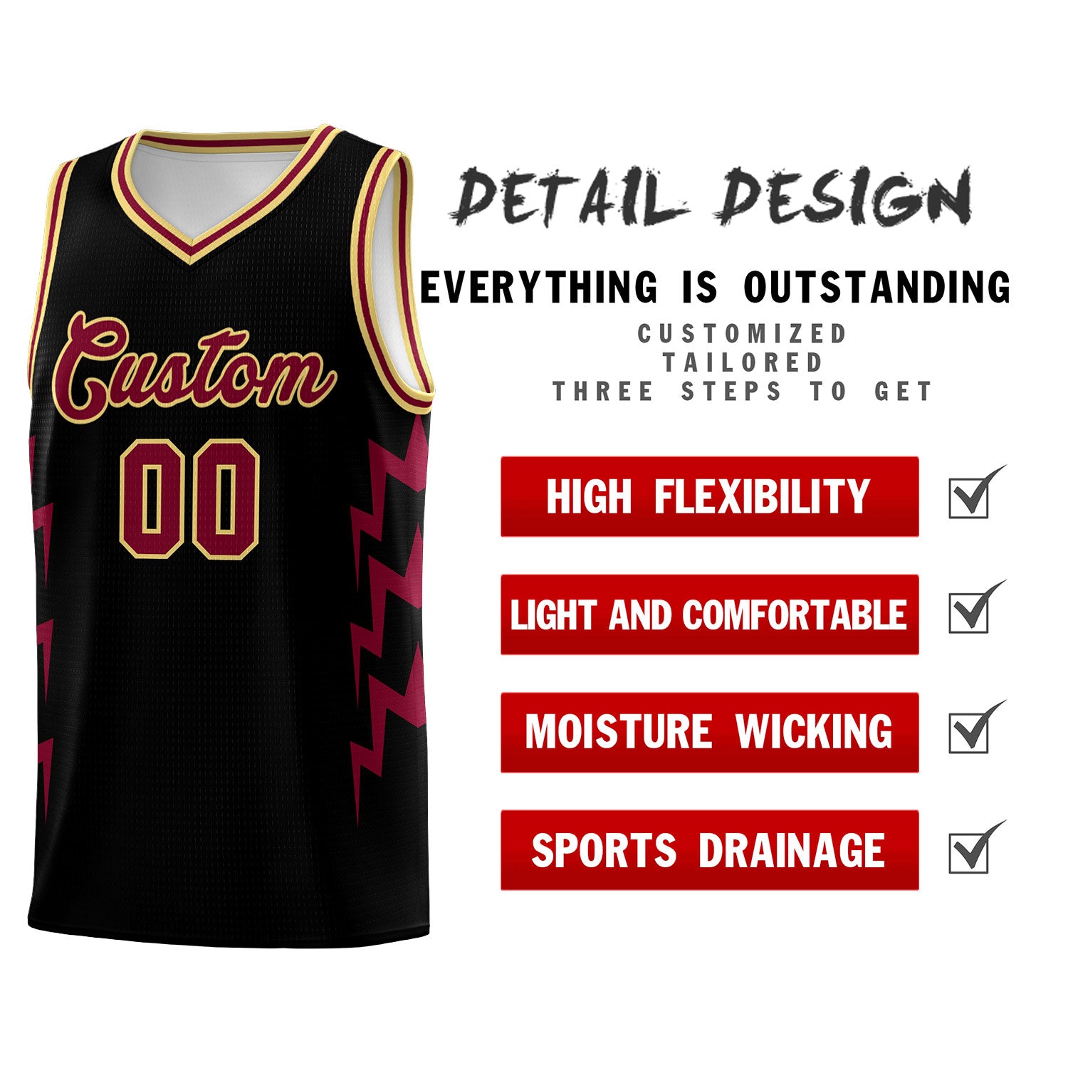 Custom Black Side Lightning Pattern Sports Uniform Basketball Jersey