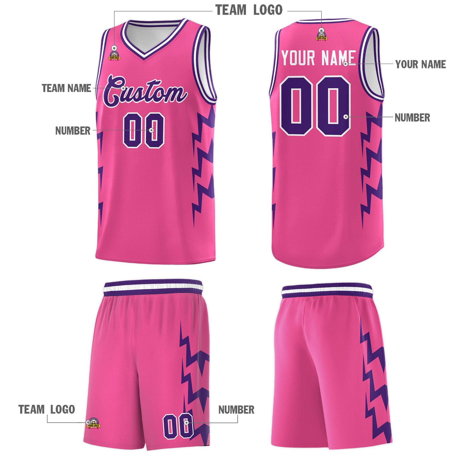 Custom Pink Side Lightning Pattern Sports Uniform Basketball Jersey