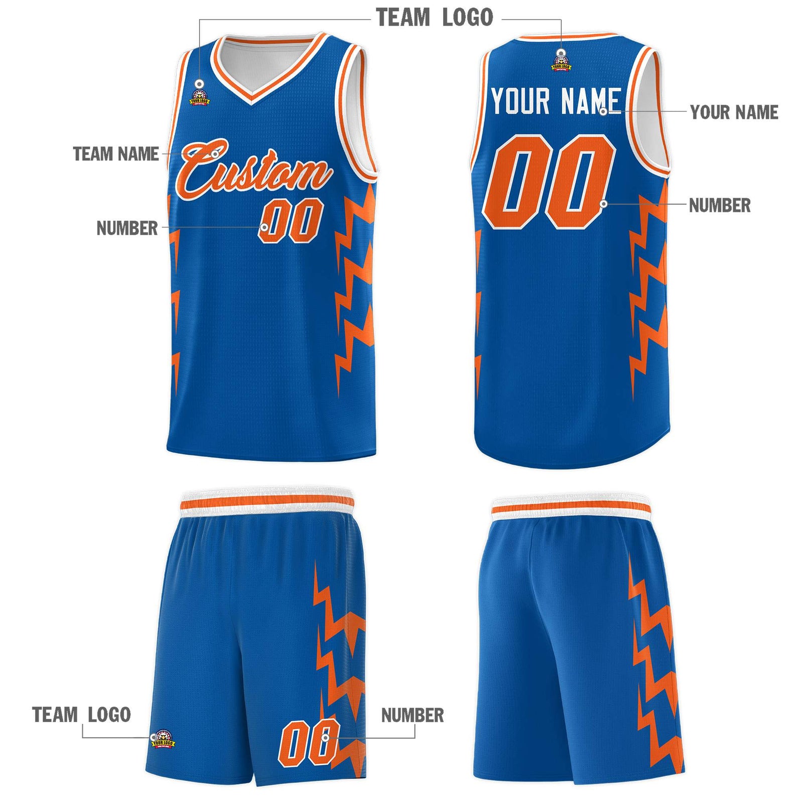 Custom Royal Side Lightning Pattern Sports Uniform Basketball Jersey