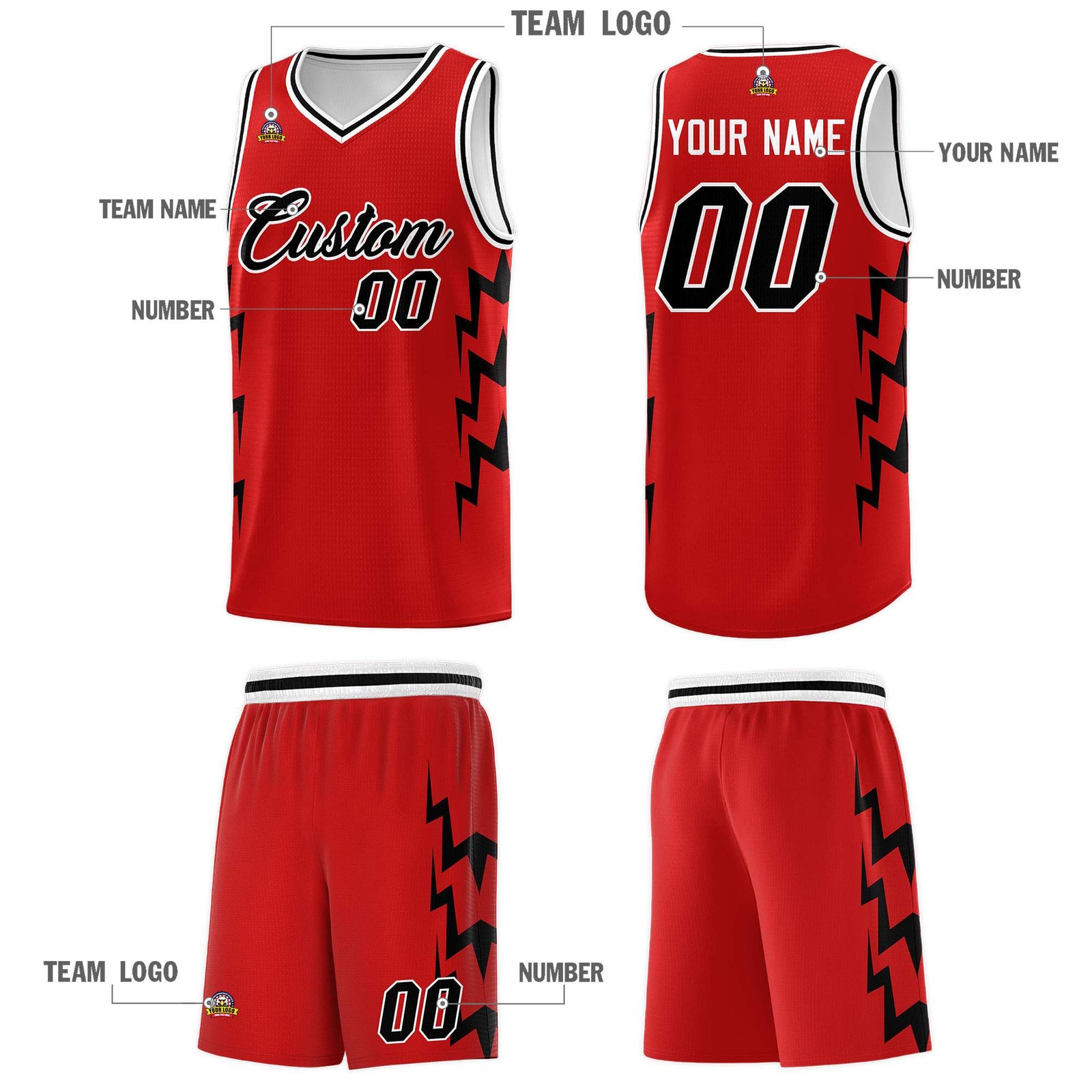 Custom Red Side Lightning Pattern Sports Uniform Basketball Jersey