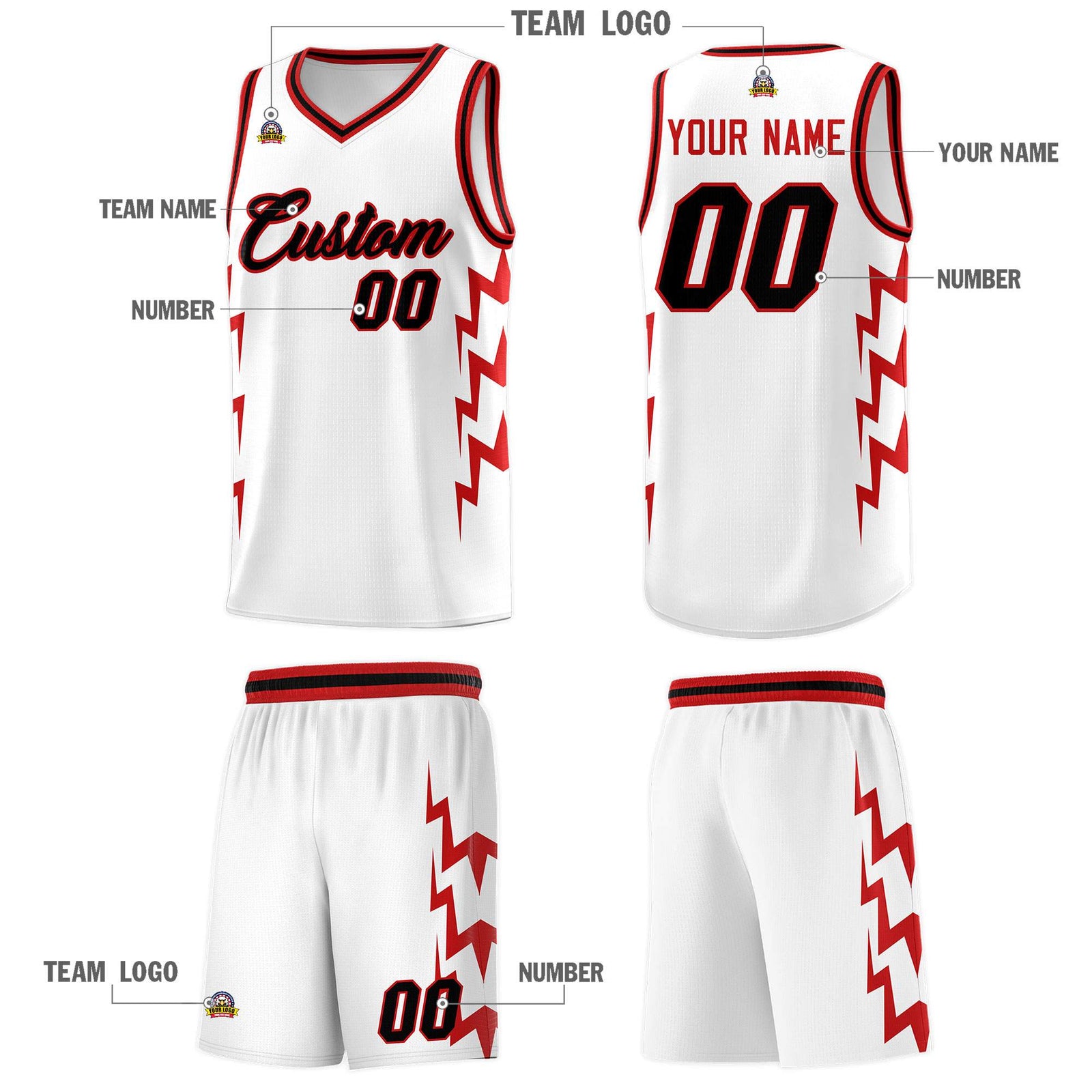 Custom White Side Lightning Pattern Sports Uniform Basketball Jersey