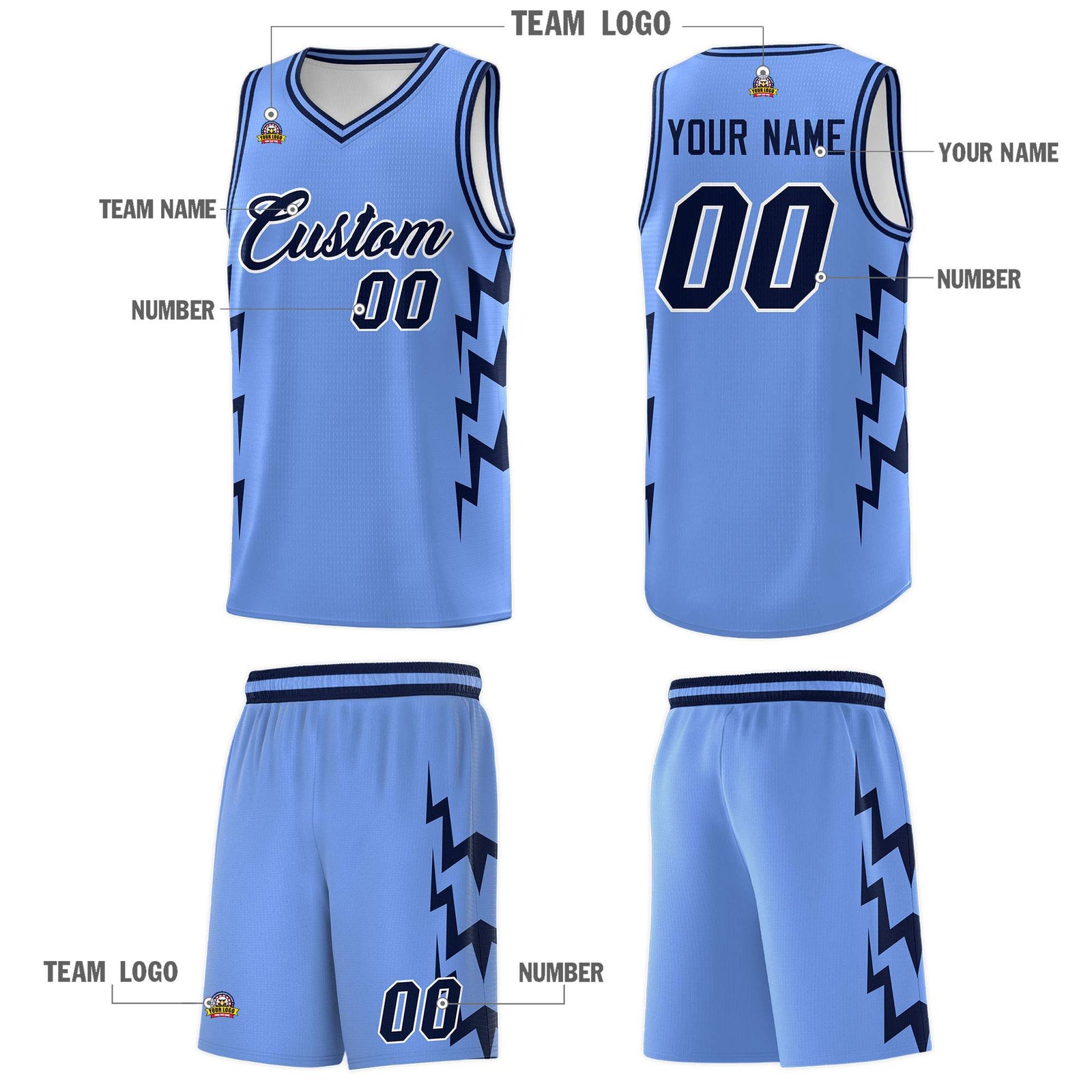 Custom Light Blue Side Lightning Pattern Sports Uniform Basketball Jersey