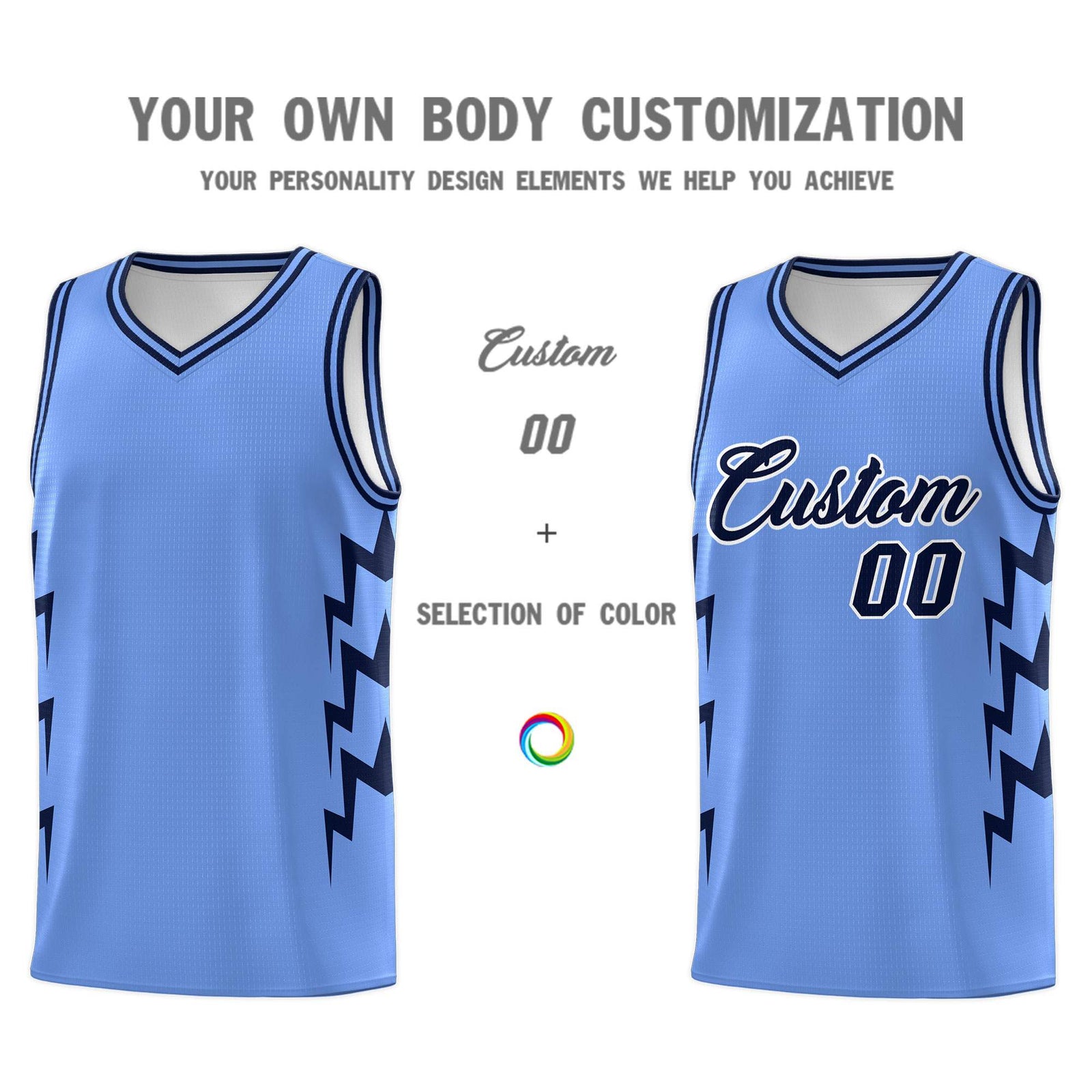 Custom Light Blue Side Lightning Pattern Sports Uniform Basketball Jersey