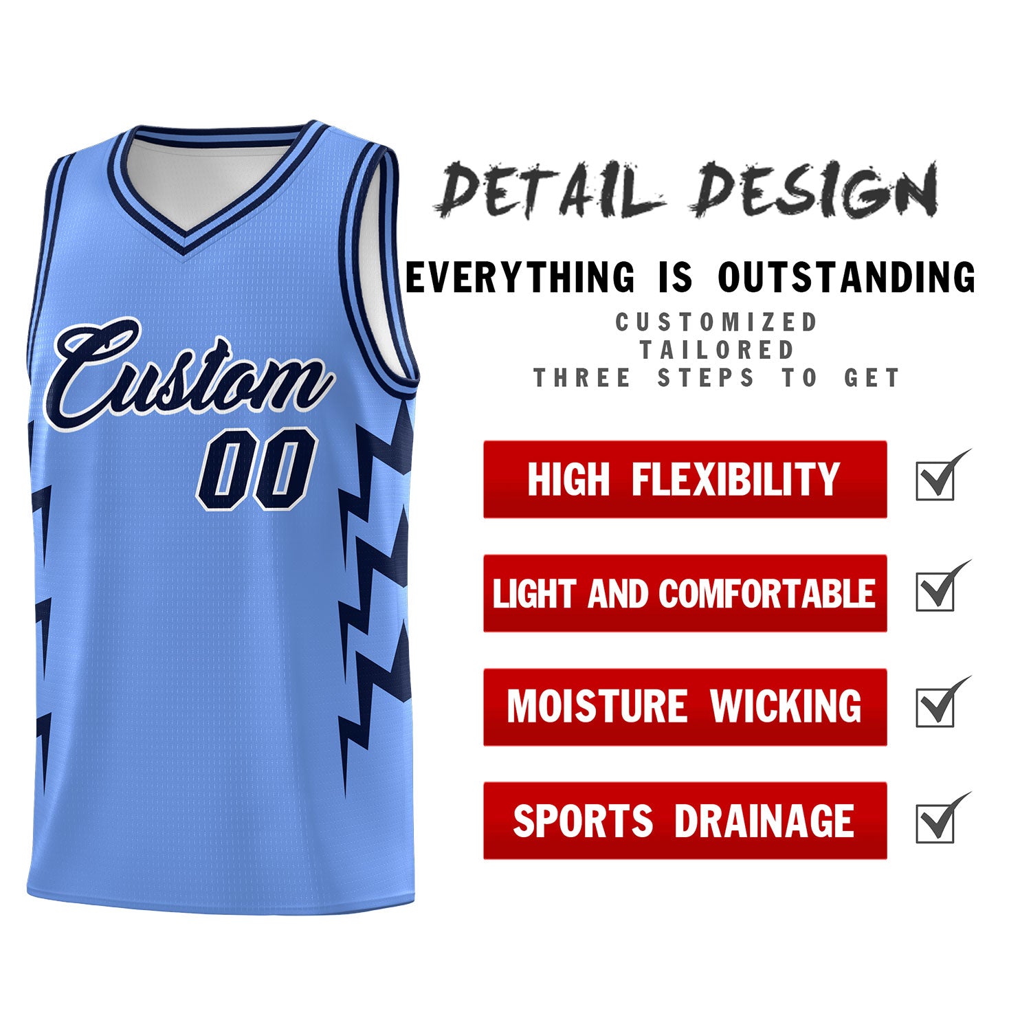 Custom Light Blue Side Lightning Pattern Sports Uniform Basketball Jersey