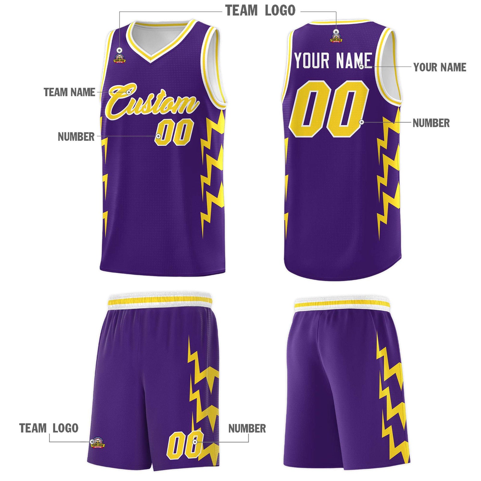 Custom Purple Side Lightning Pattern Sports Uniform Basketball Jersey
