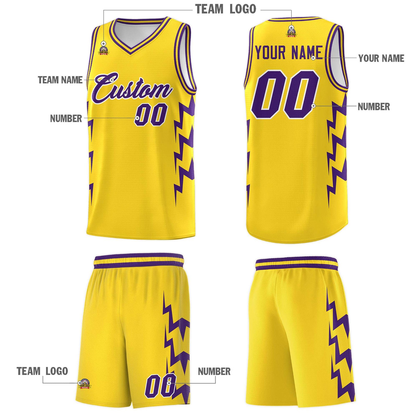 Custom Gold Side Lightning Pattern Sports Uniform Basketball Jersey