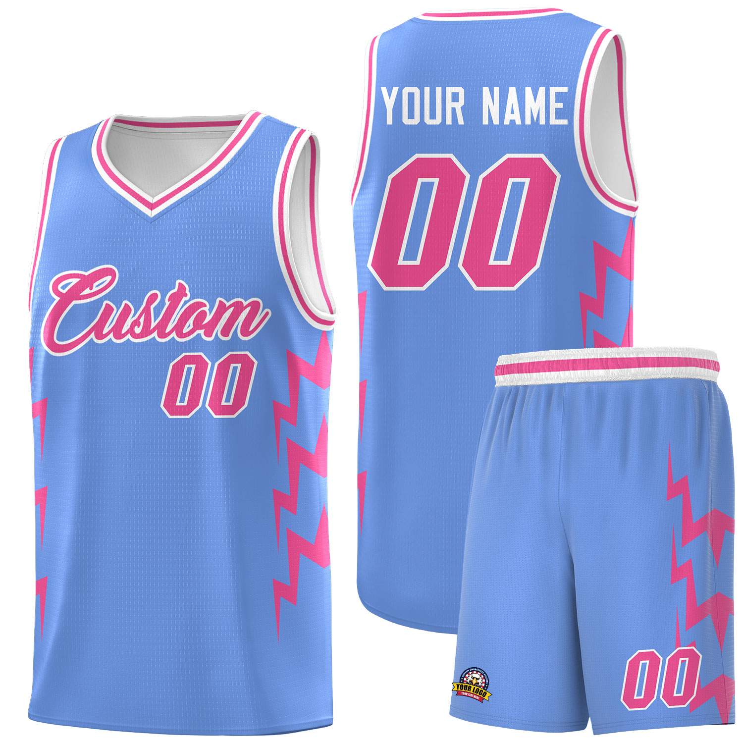 Custom Light Blue Side Lightning Pattern Sports Uniform Basketball Jersey