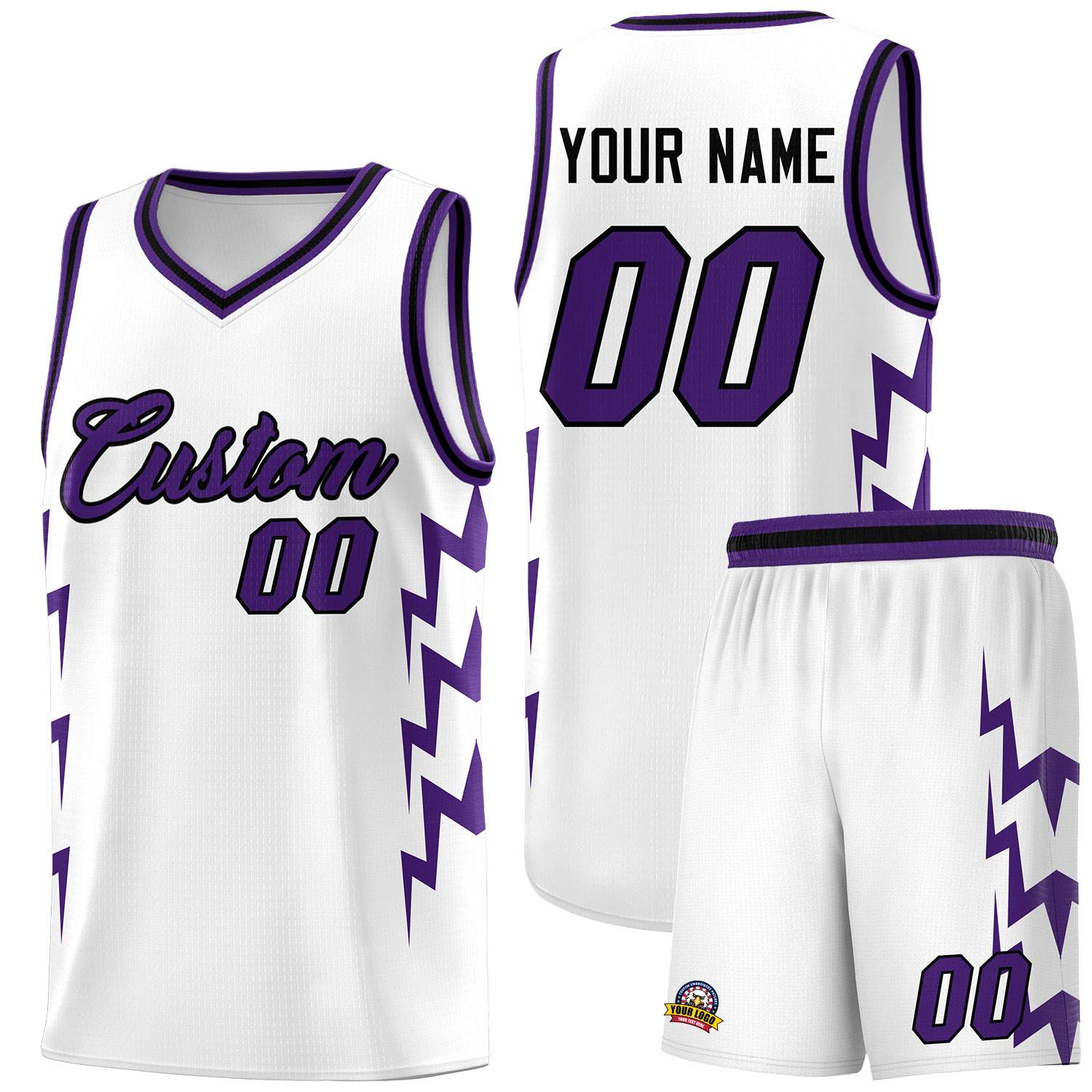 Custom White Side Lightning Pattern Sports Uniform Basketball Jersey