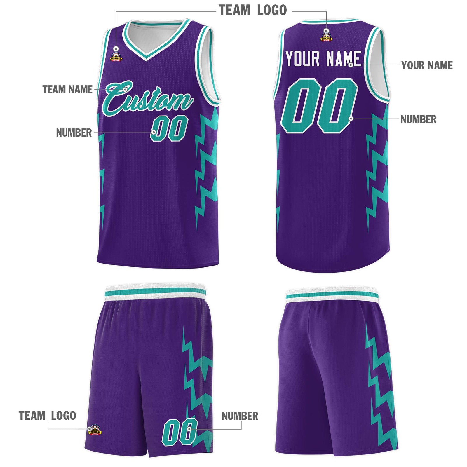 Custom Purple Side Lightning Pattern Sports Uniform Basketball Jersey