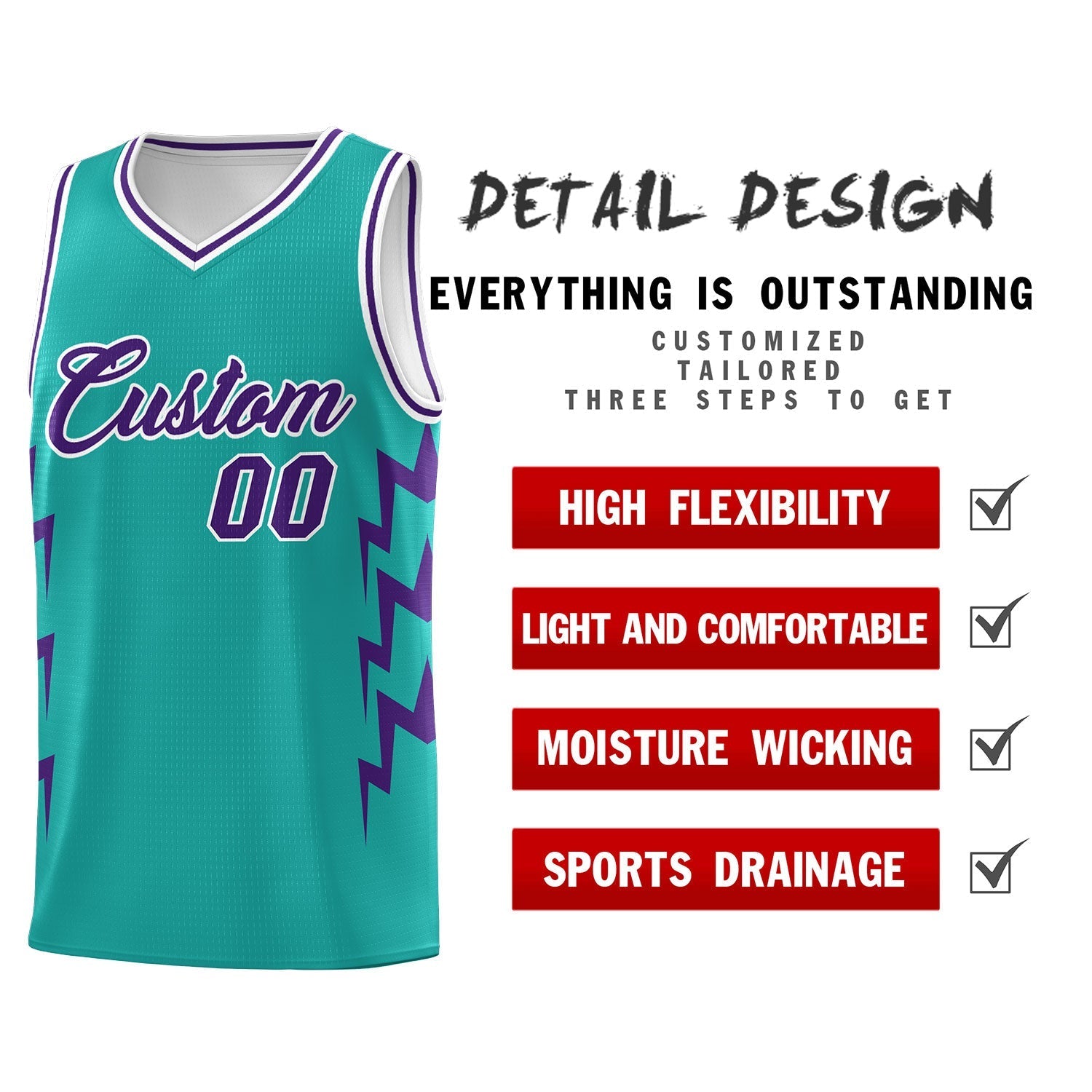 Custom Aqua Side Lightning Pattern Sports Uniform Basketball Jersey