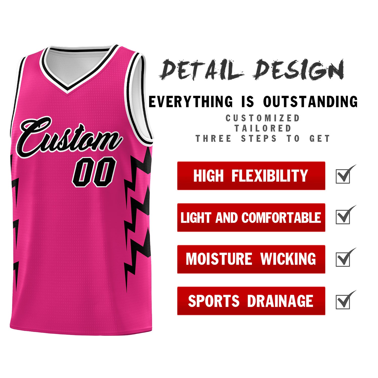 Custom Pink Side Lightning Pattern Sports Uniform Basketball Jersey