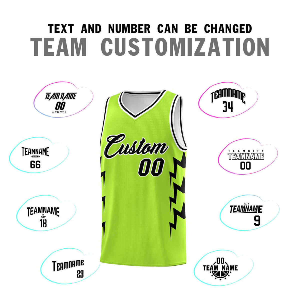 Custom Neon Green Side Lightning Pattern Sports Uniform Basketball Jersey