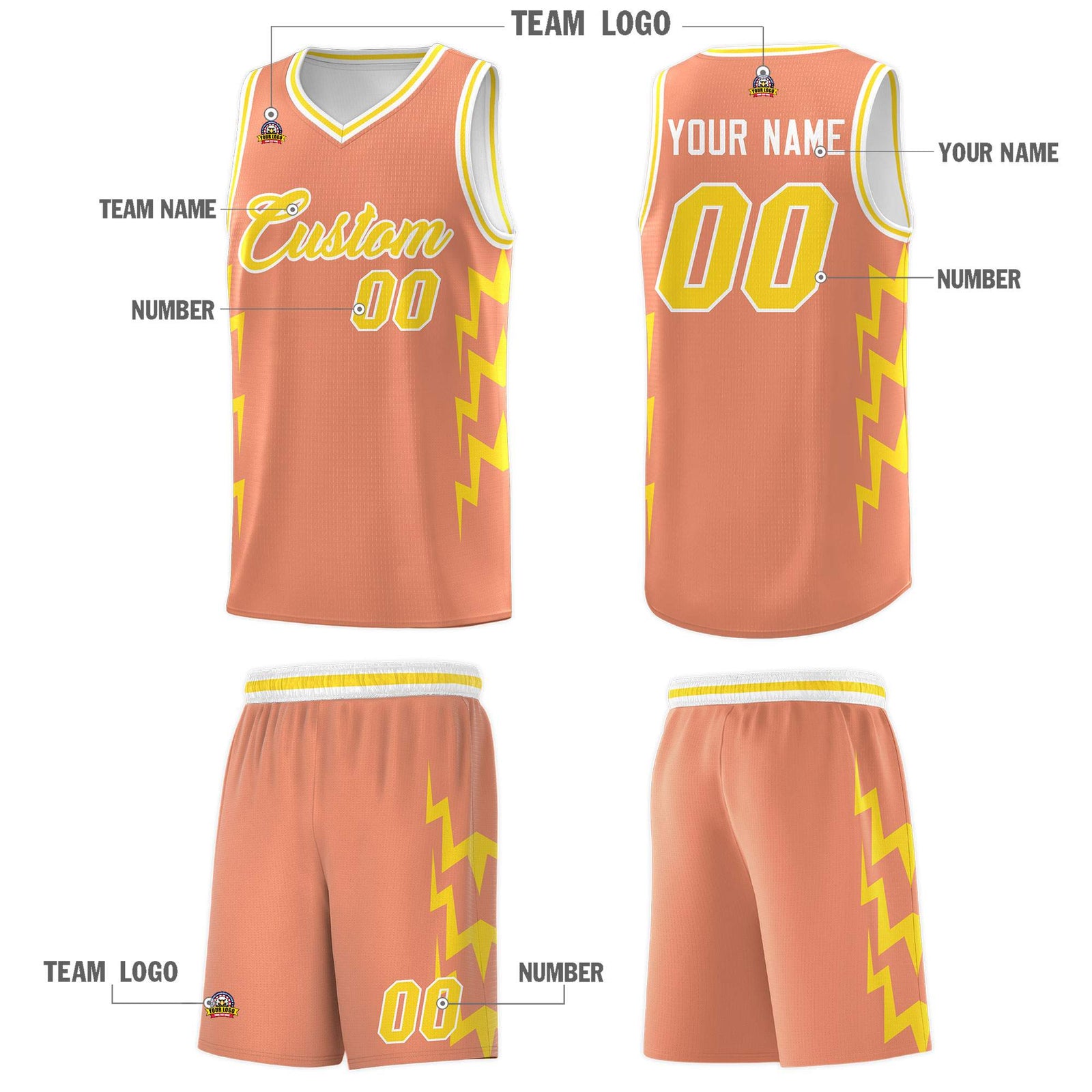 Custom Orange Side Lightning Pattern Sports Uniform Basketball Jersey