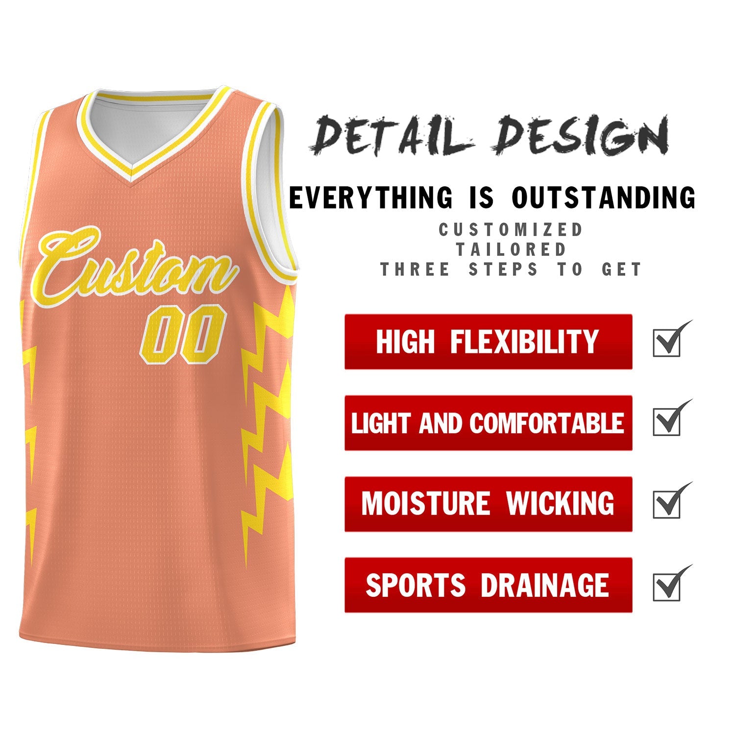 Custom Orange Side Lightning Pattern Sports Uniform Basketball Jersey