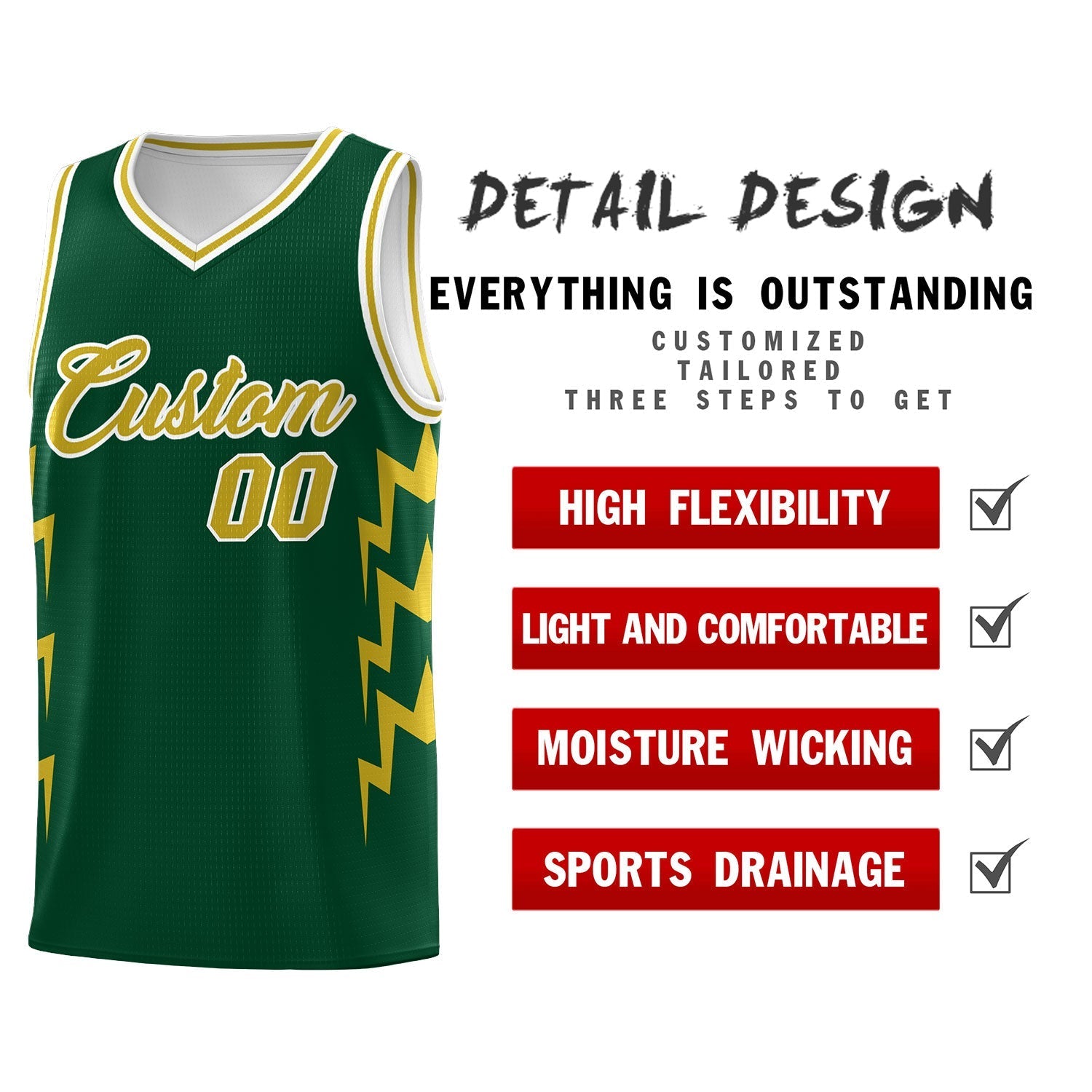 Custom Hunter Green Side Lightning Pattern Sports Uniform Basketball Jersey