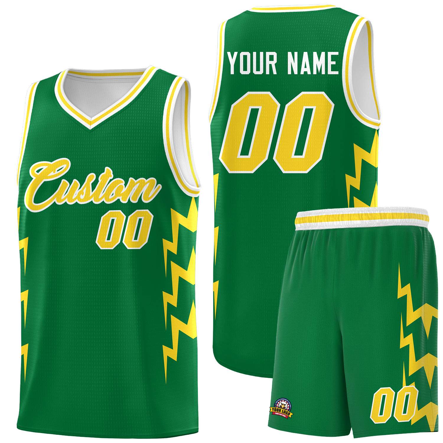 Custom Kelly Green Side Lightning Pattern Sports Uniform Basketball Jersey