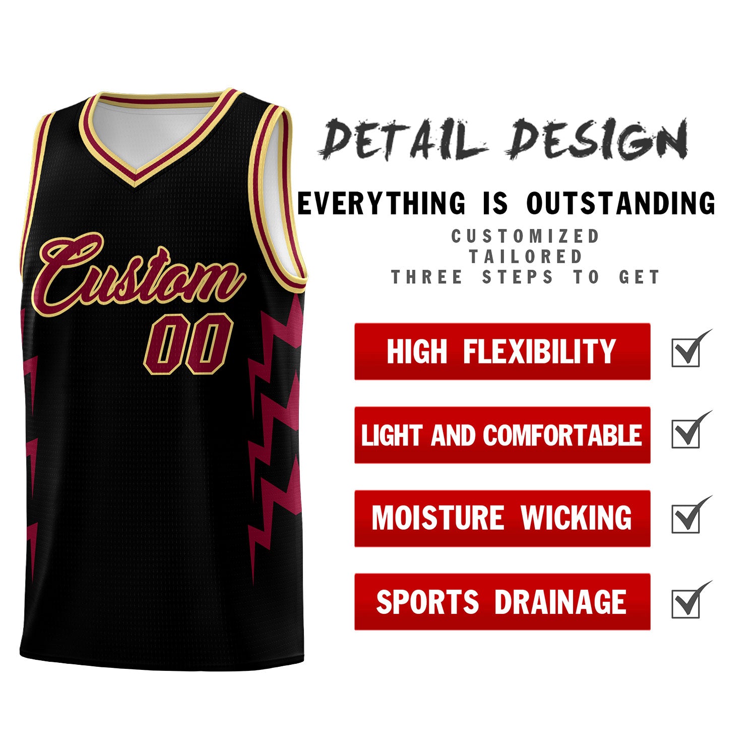 Custom Black Side Lightning Pattern Sports Uniform Basketball Jersey