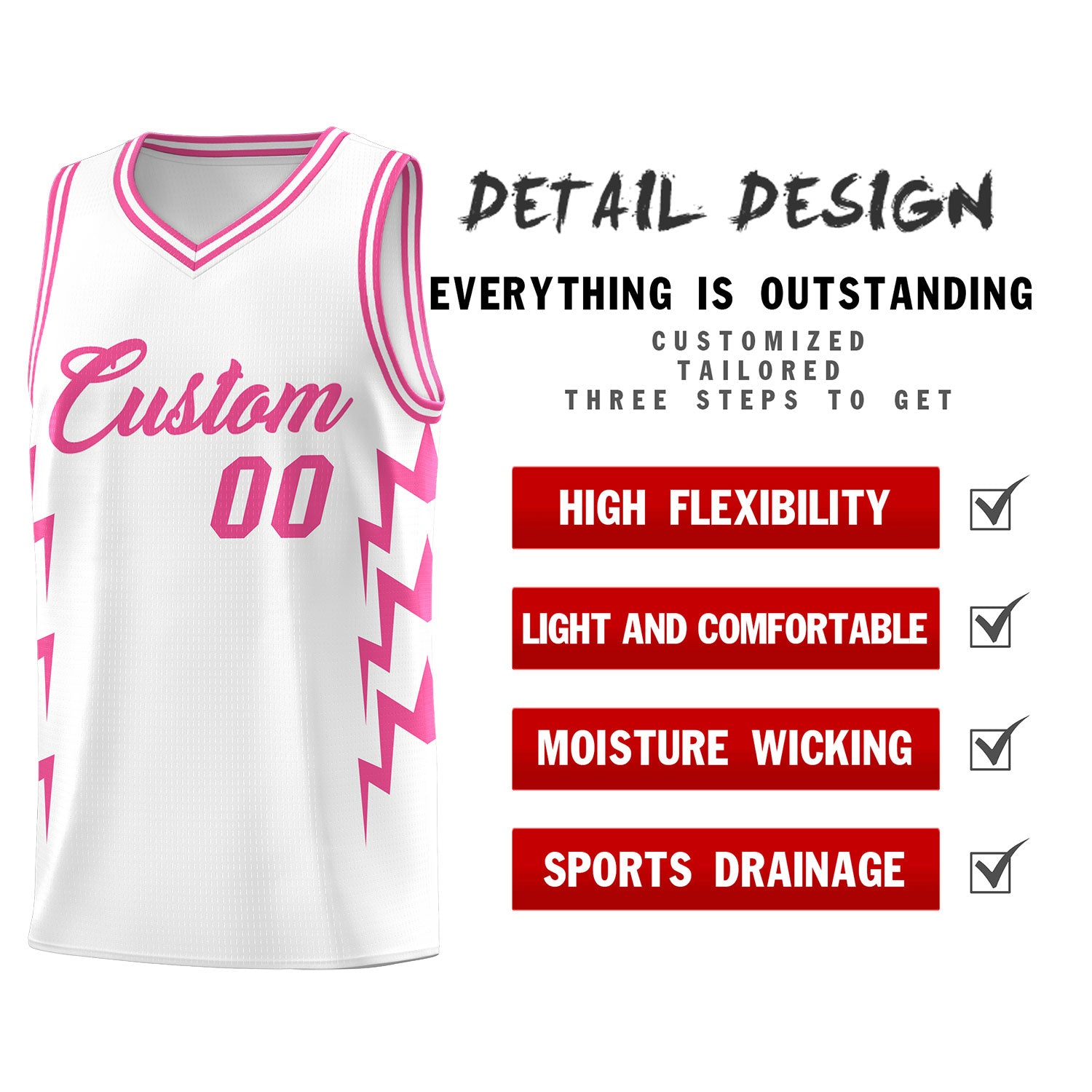 Custom White Side Lightning Pattern Sports Uniform Basketball Jersey