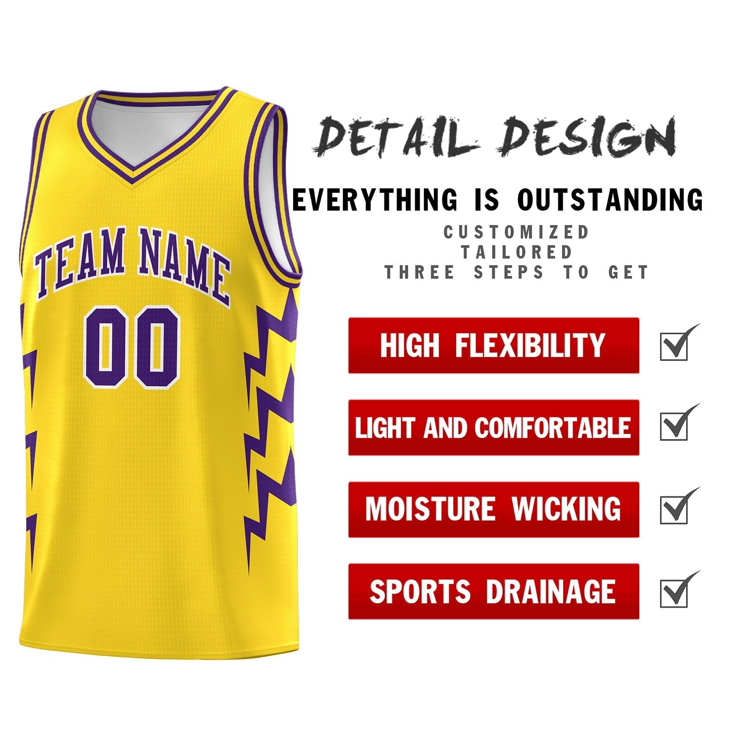 Custom Gold Side Lightning Pattern Sports Uniform Basketball Jersey