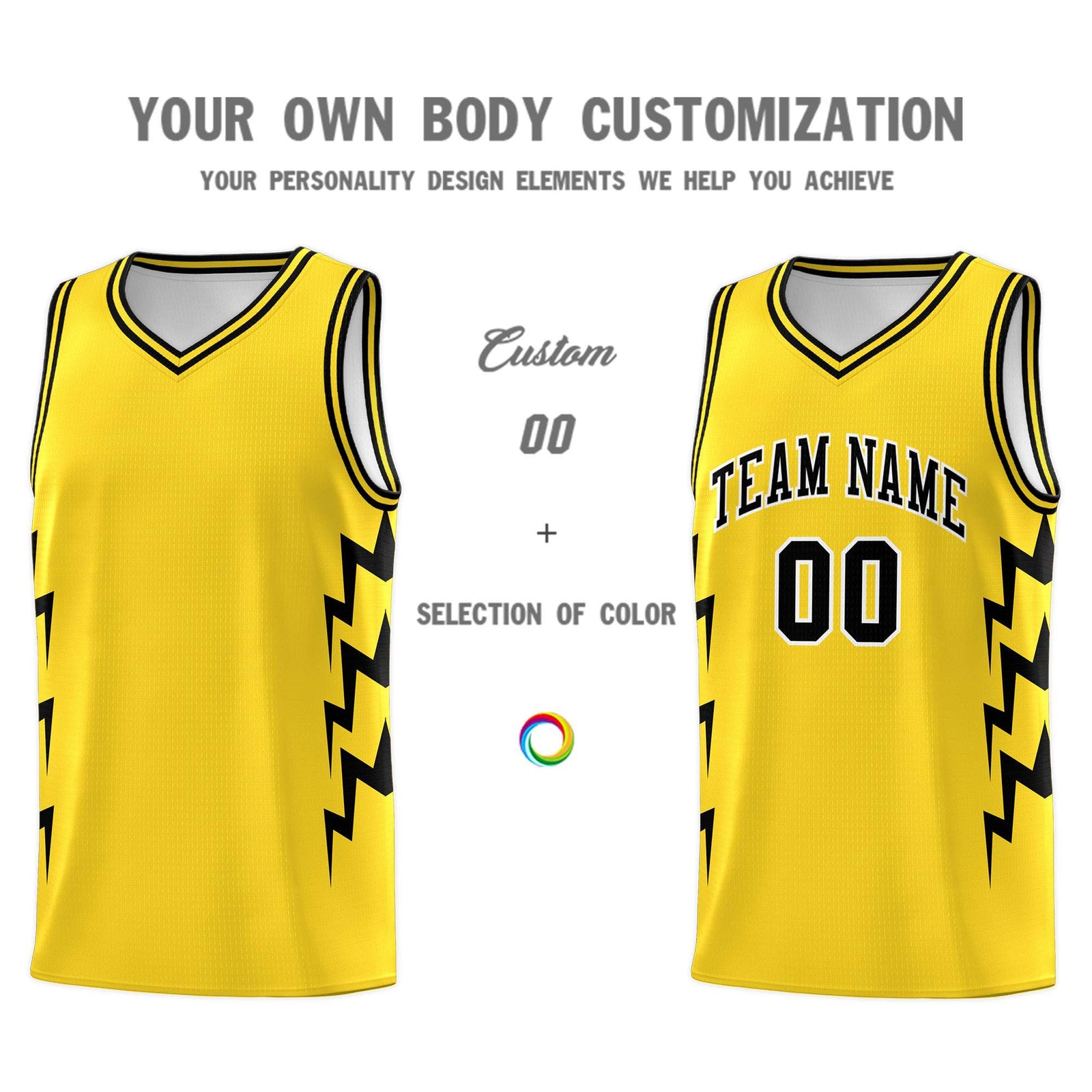 Custom Gold Side Lightning Pattern Sports Uniform Basketball Jersey