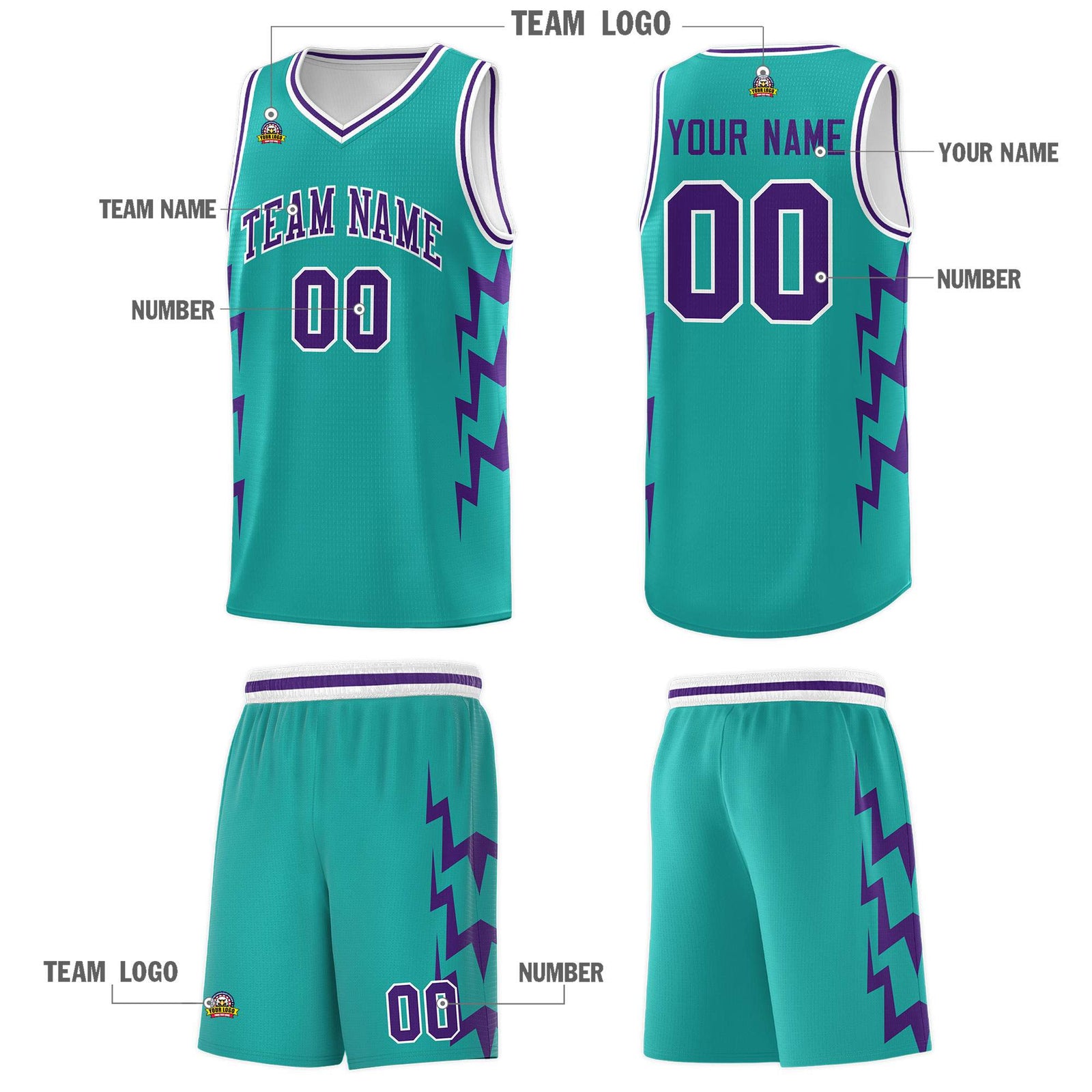 Custom Aqua Side Lightning Pattern Sports Uniform Basketball Jersey