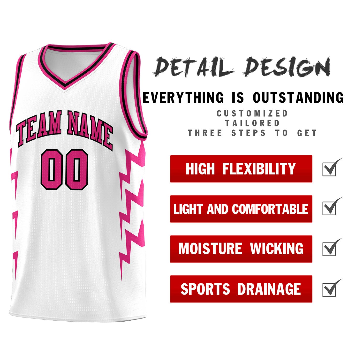 Custom White Side Lightning Pattern Sports Uniform Basketball Jersey