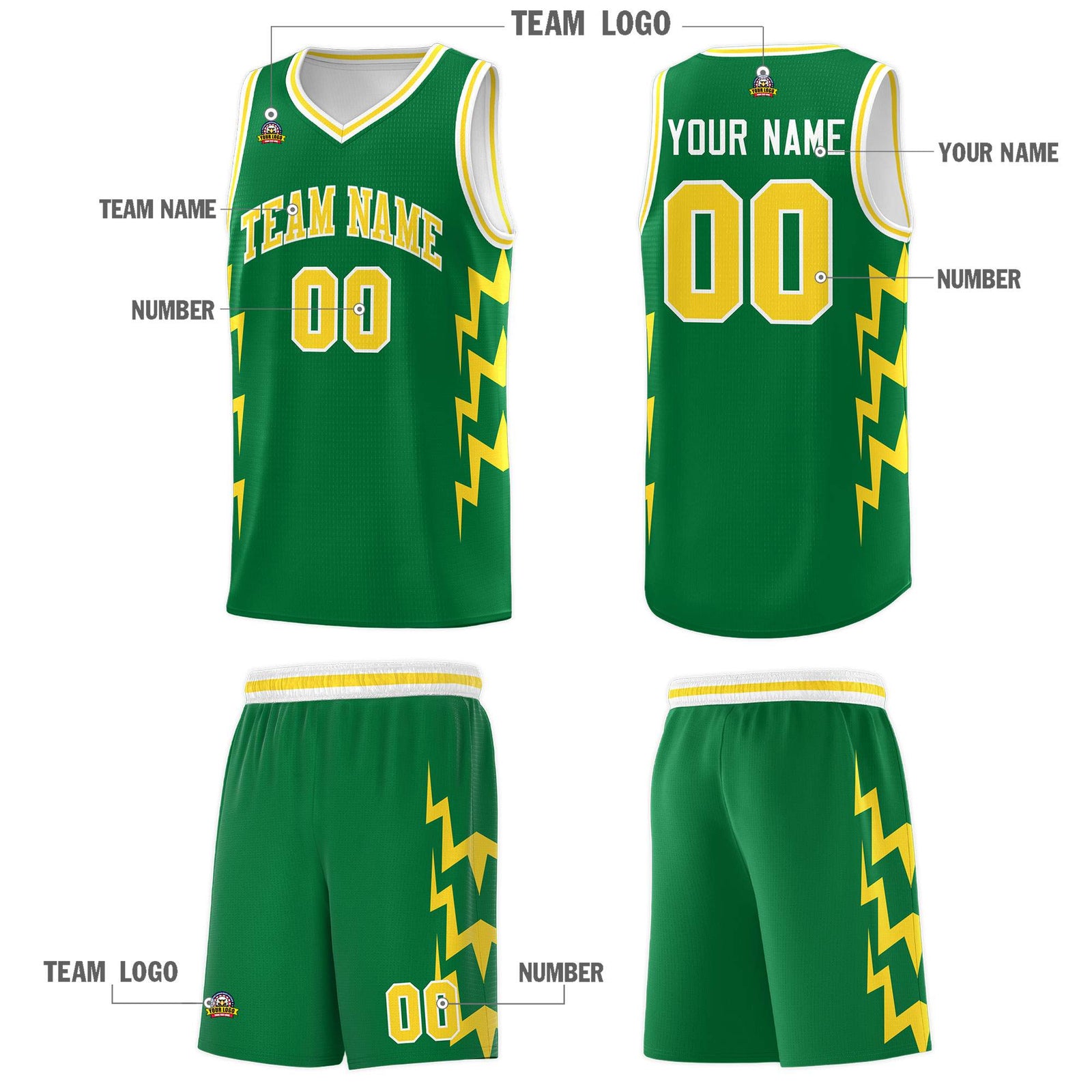 Custom Kelly Green Side Lightning Pattern Sports Uniform Basketball Jersey