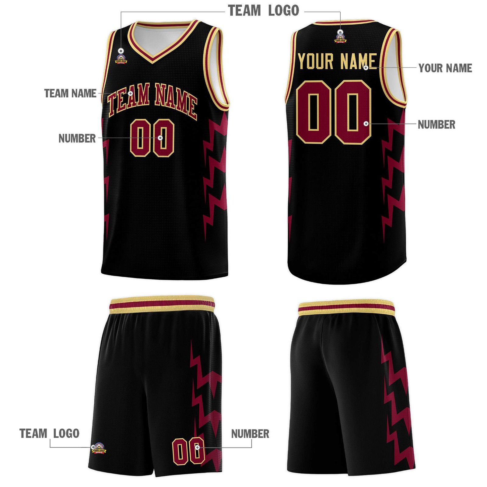 Custom Black Side Lightning Pattern Sports Uniform Basketball Jersey