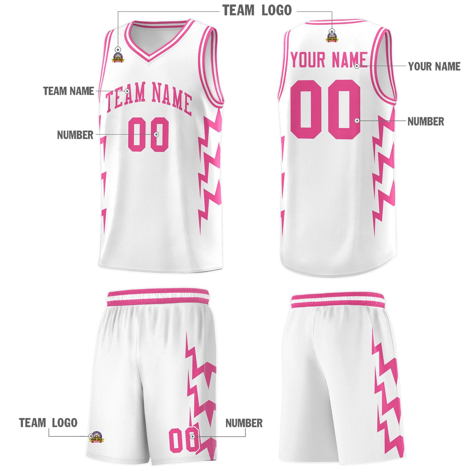 Custom White Side Lightning Pattern Sports Uniform Basketball Jersey